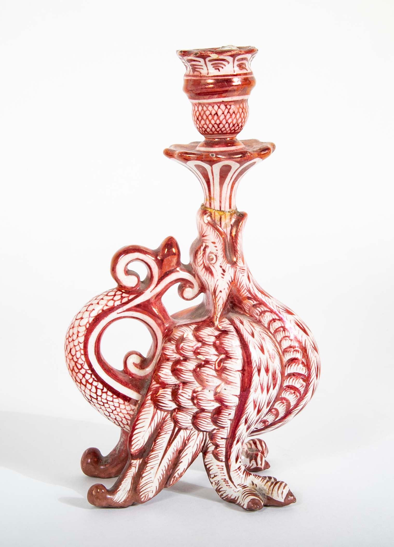 Pair of Ruby Luster Ware of Griffin Candle Sticks