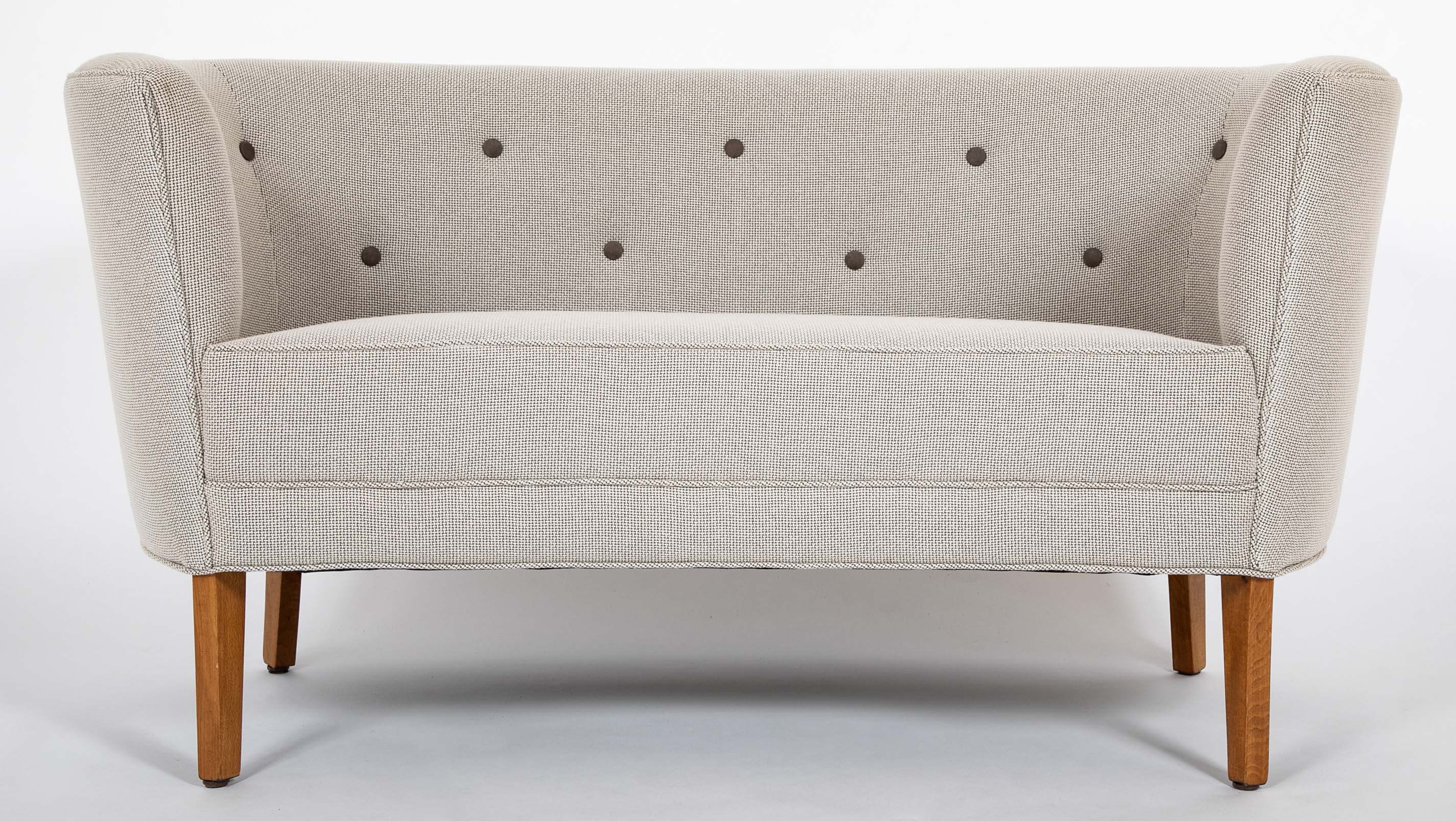 Pair of Mid-Century Danish Upholstered Loveseats on Stained Beech Legs