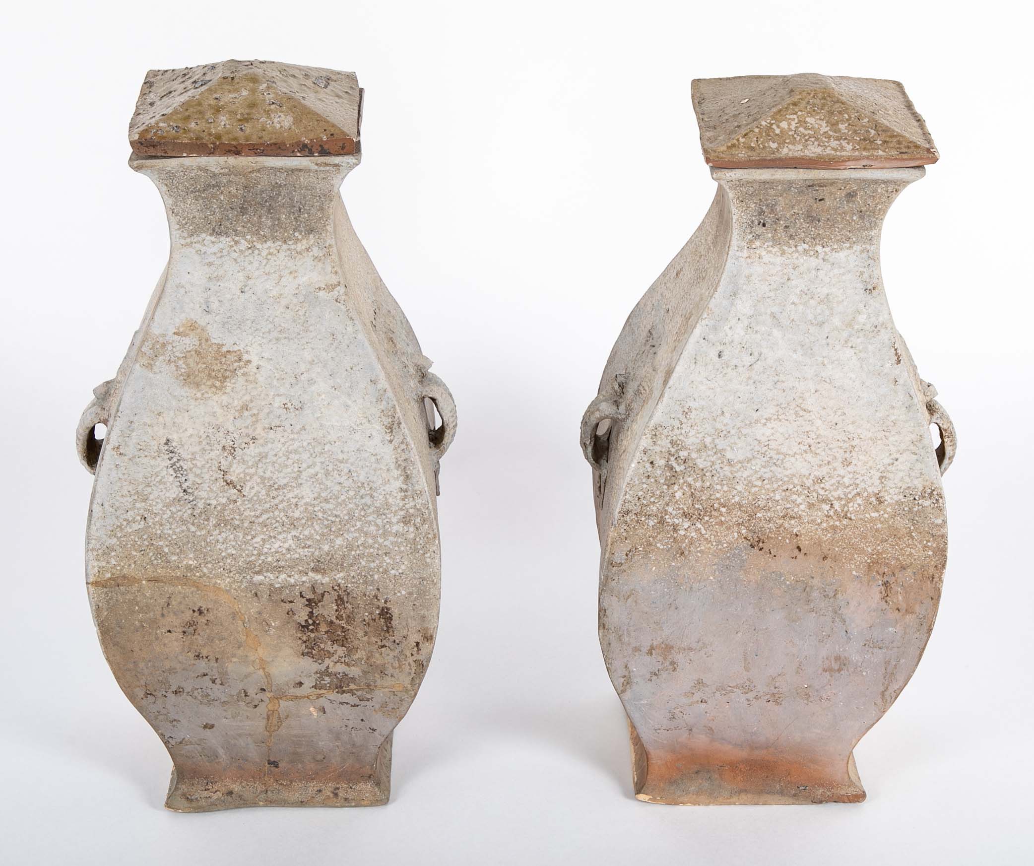 A Rare Matched Pair of Matching Greyware Chinese Fanghu Jars