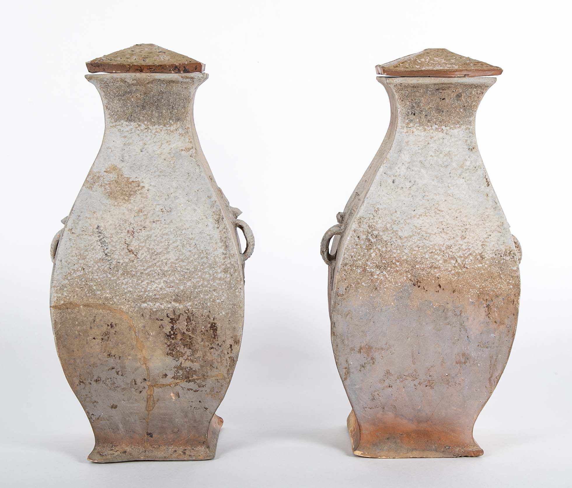 A Rare Matched Pair of Matching Greyware Chinese Fanghu Jars