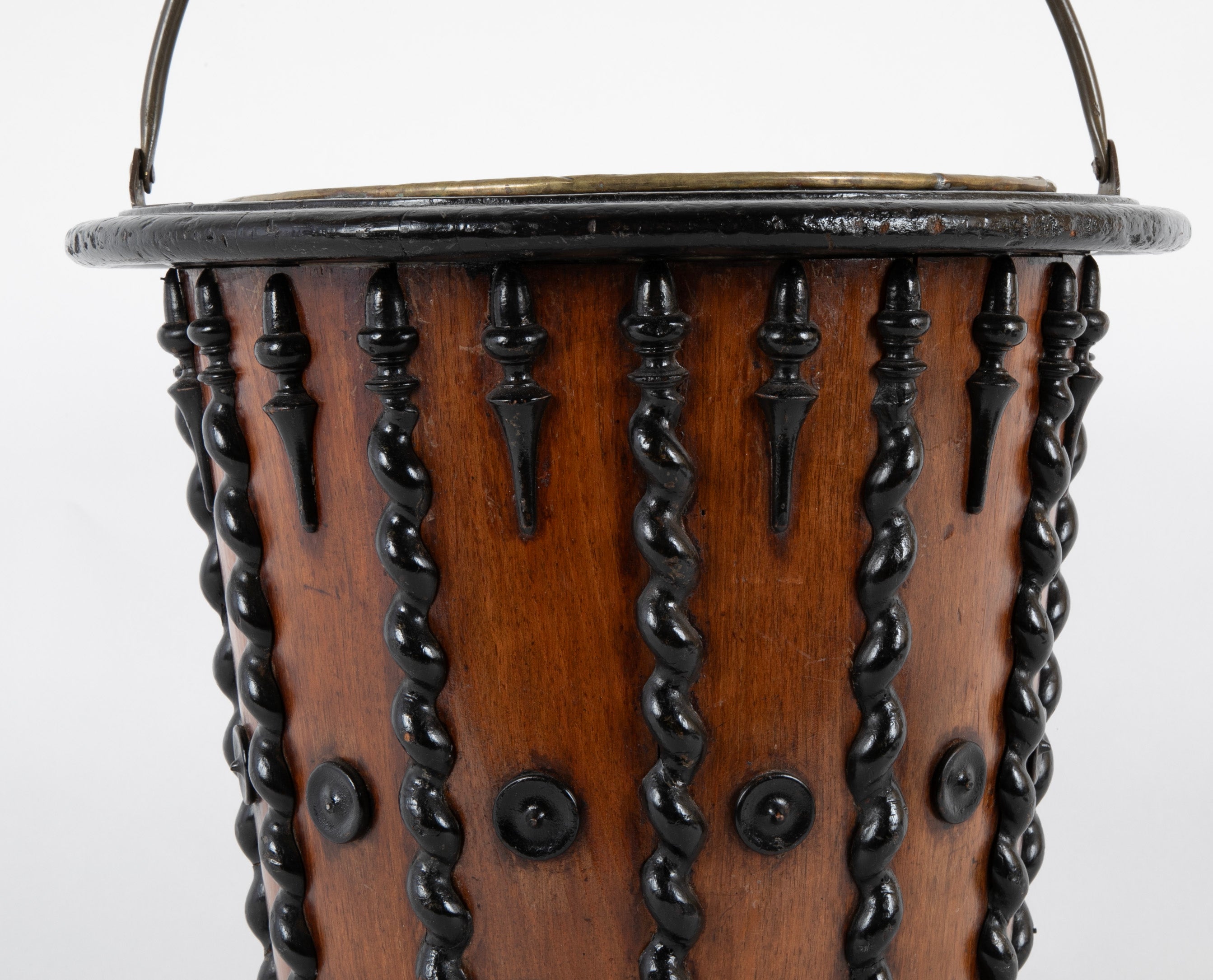 Mahogany and Ebonized Wood Continental Lined Peat Bucket