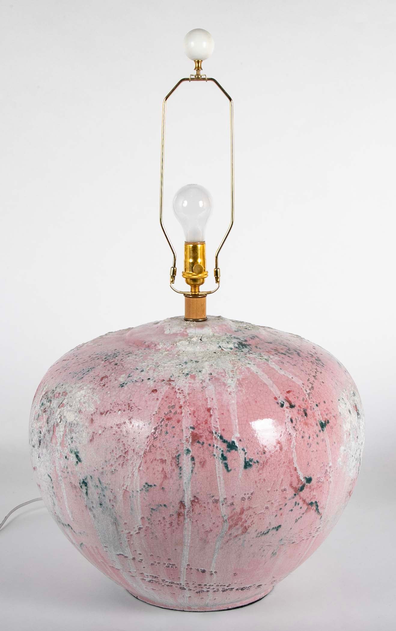 Large Variegated Pink Glazed Ceramic Lamp
