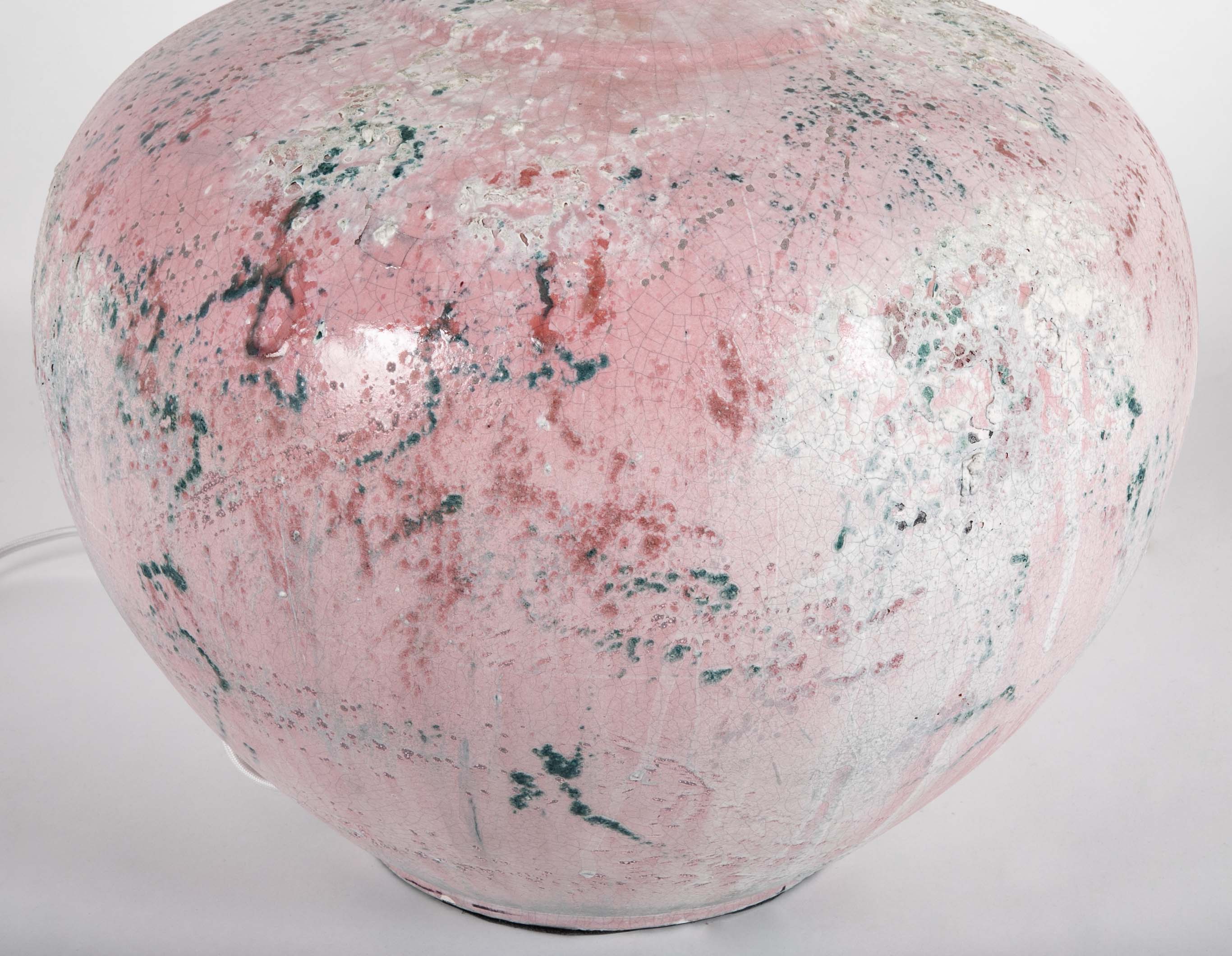 Large Variegated Pink Glazed Ceramic Lamp
