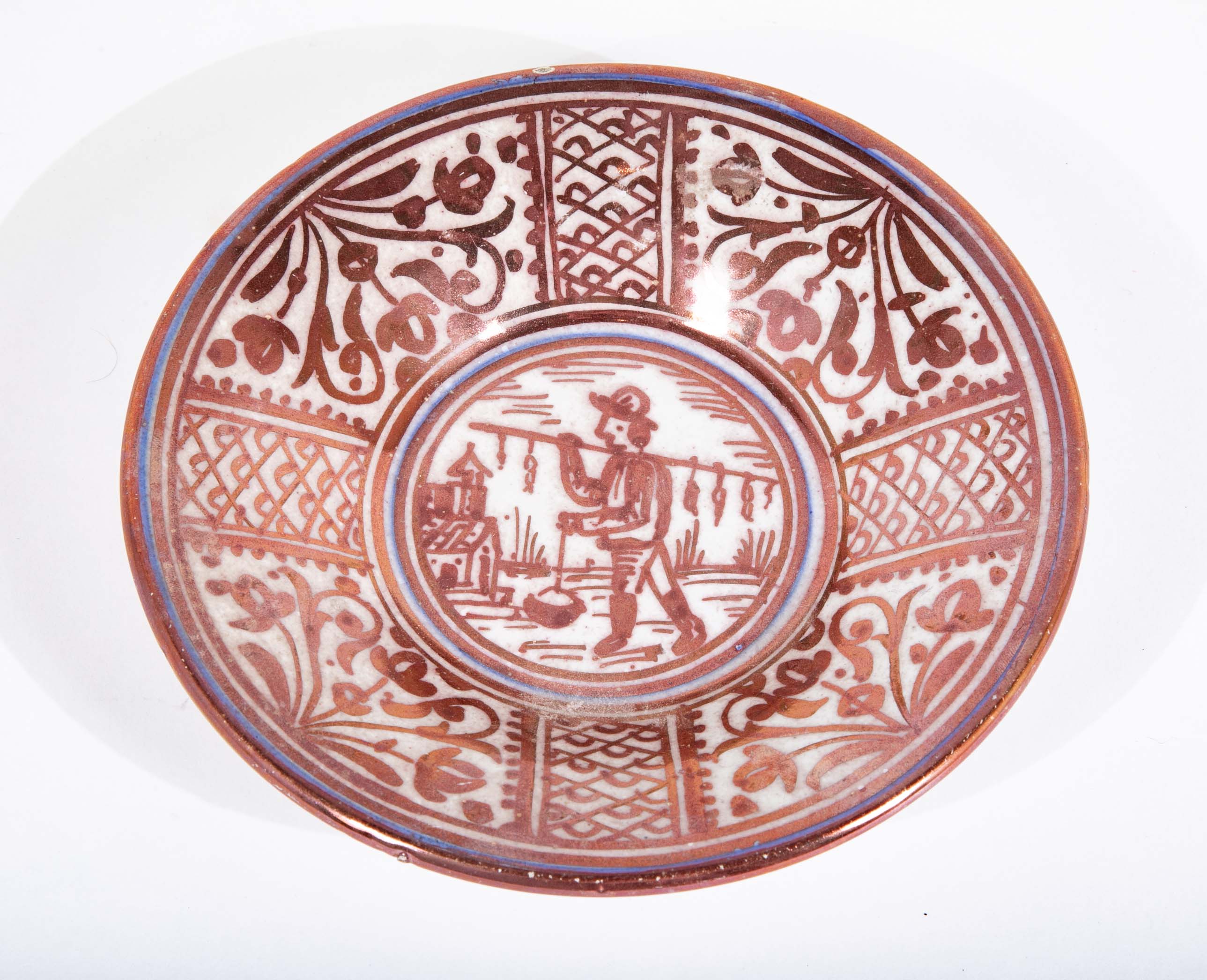 Ruby Lustre Ware Plate with Man Carrying Bird on a Stick