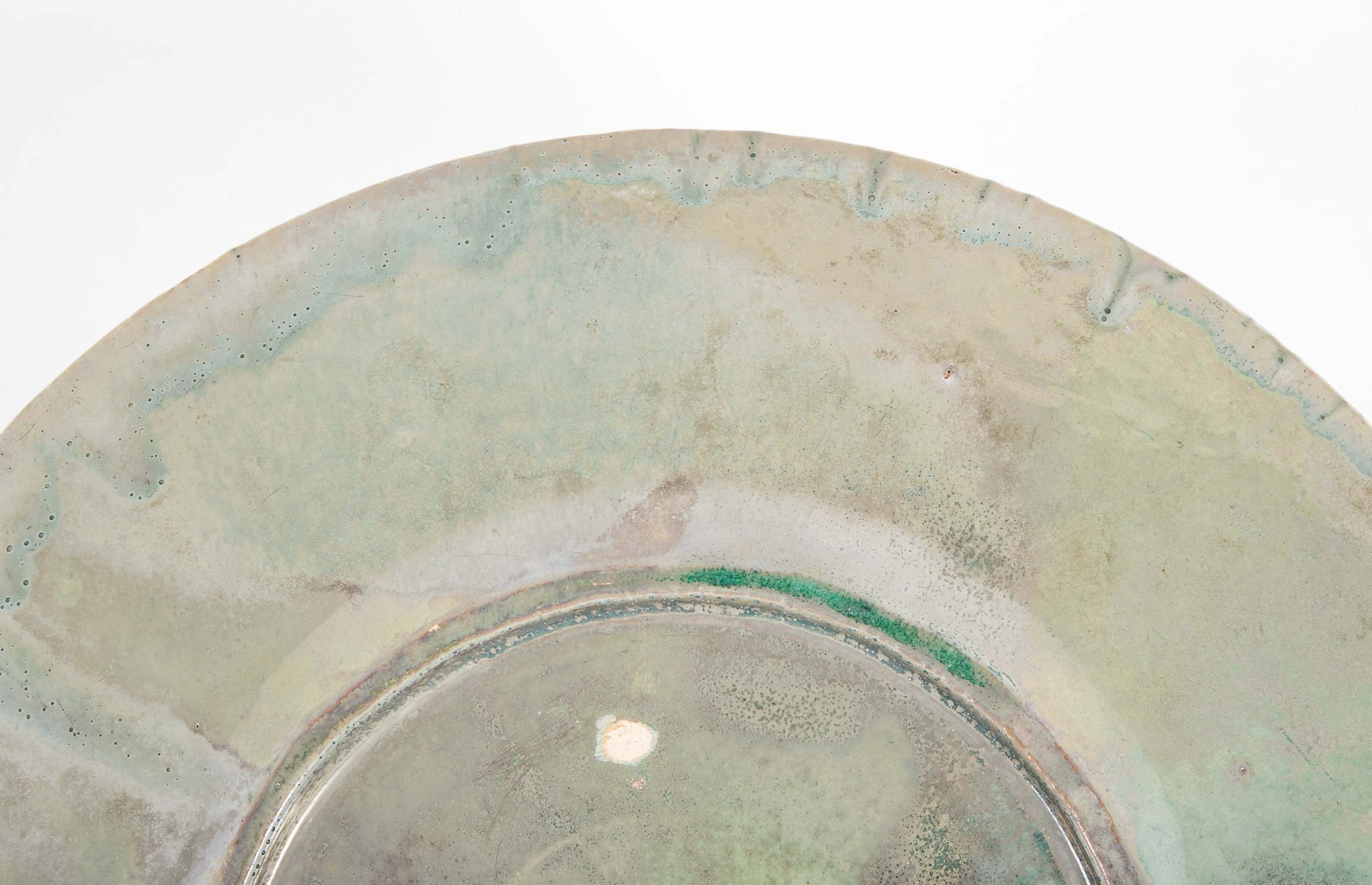 Pewabic Pottery Charger with Iridescent Aqua Glazed Rim