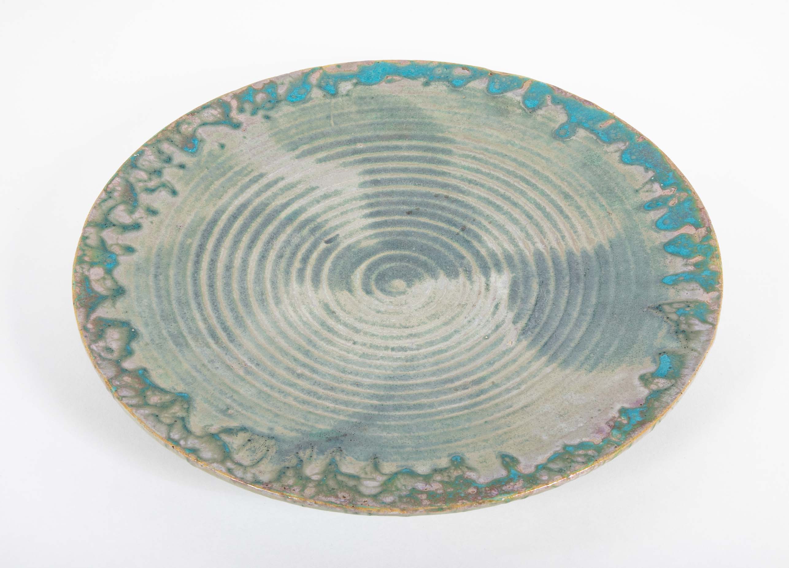 Pewabic Pottery Charger with Iridescent Aqua Glazed Rim