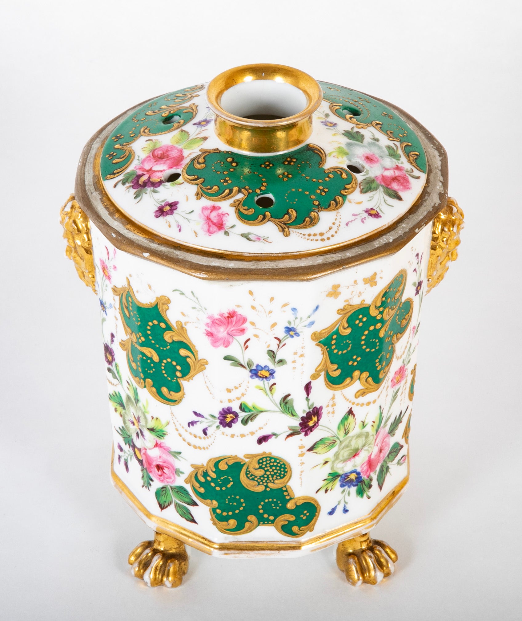 A Paris Porcelain Bulb Pot with Satyr Head Handles & Floral Decor