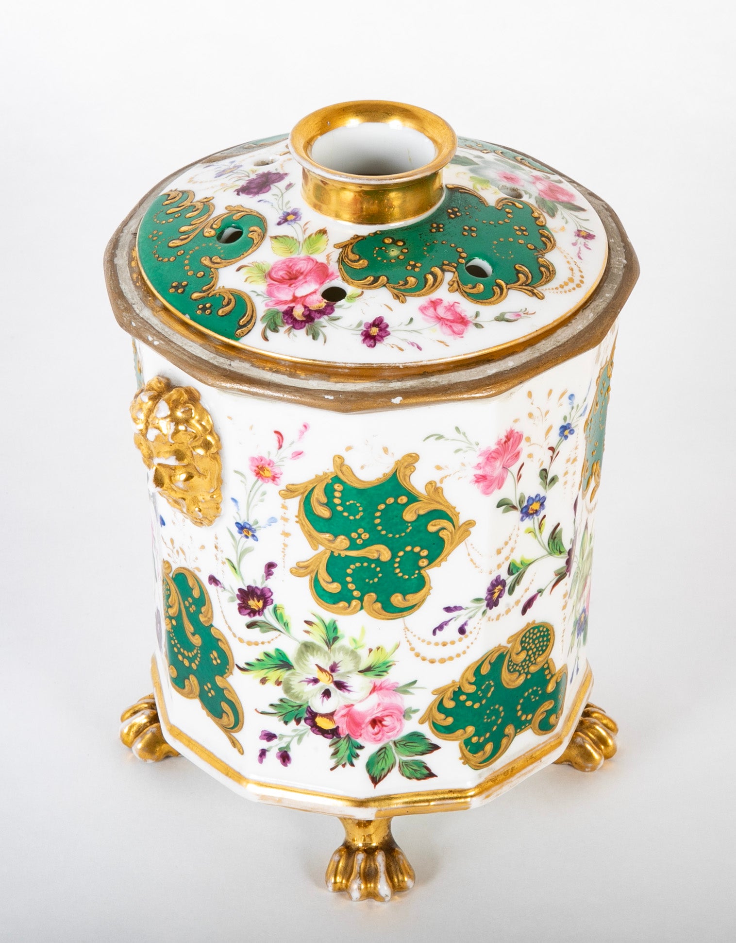 A Paris Porcelain Bulb Pot with Satyr Head Handles & Floral Decor