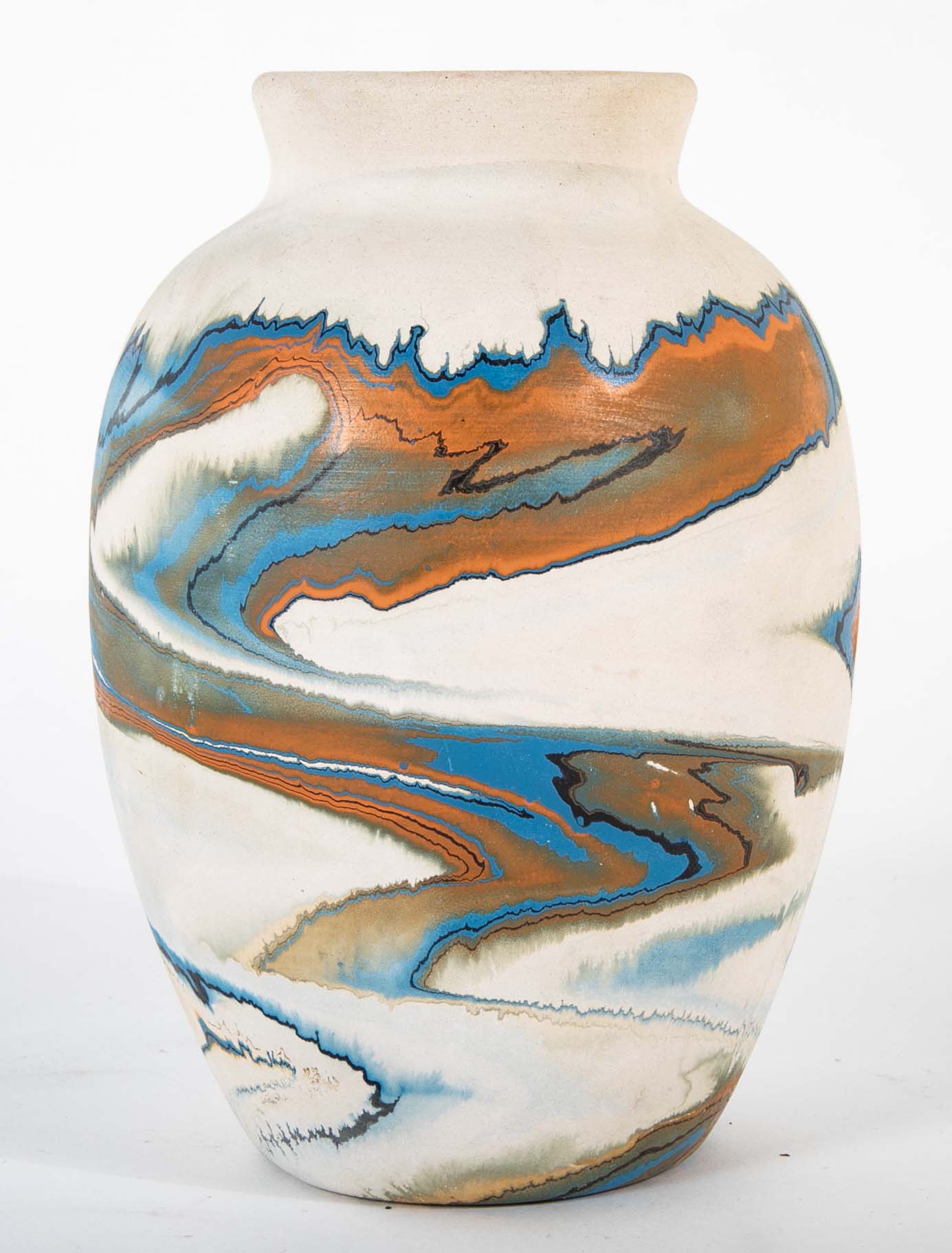 Nemadji Pottery Jar in Beige with Ochre and Blue Swirls