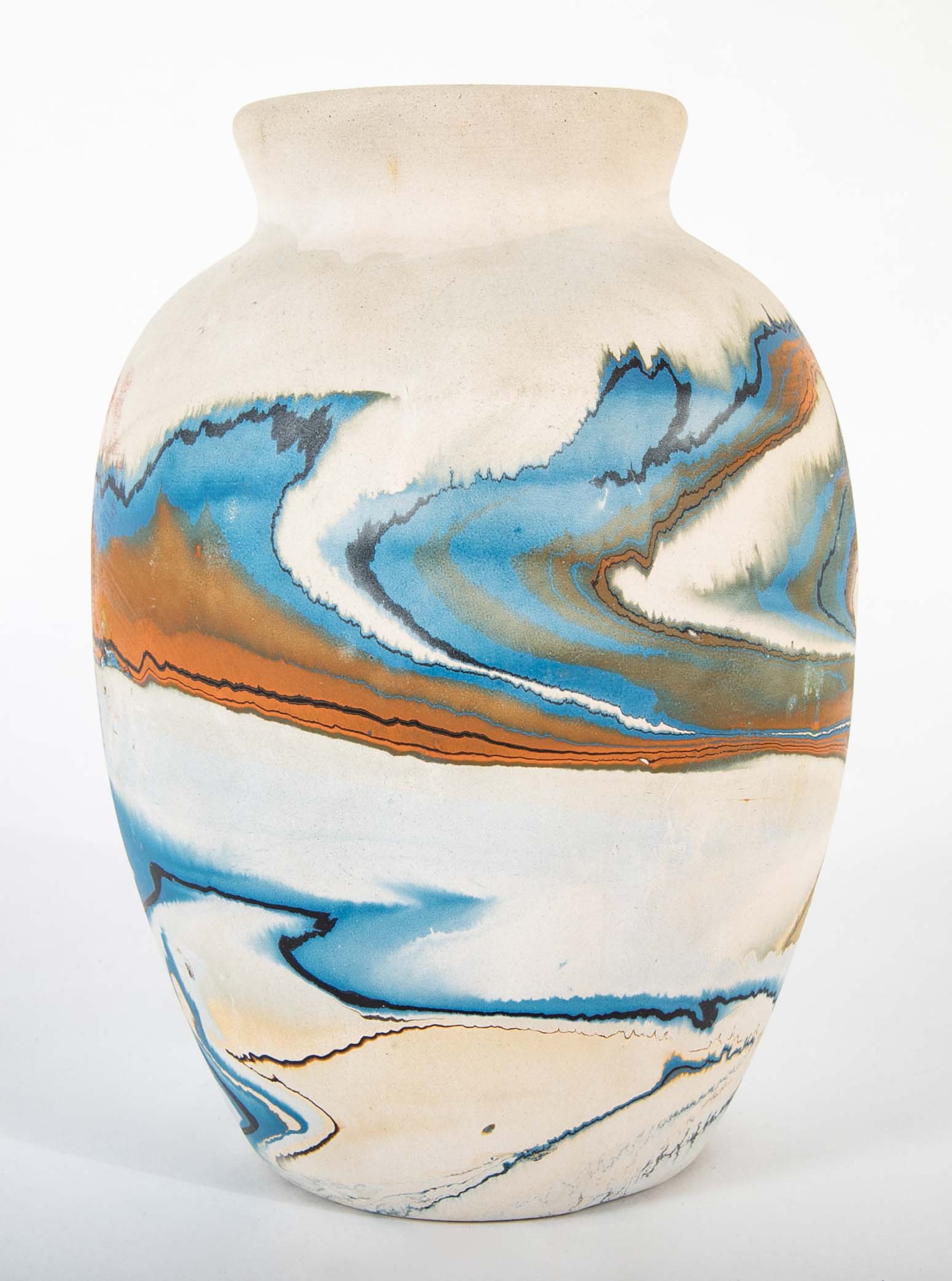 Nemadji Pottery Jar in Beige with Ochre and Blue Swirls