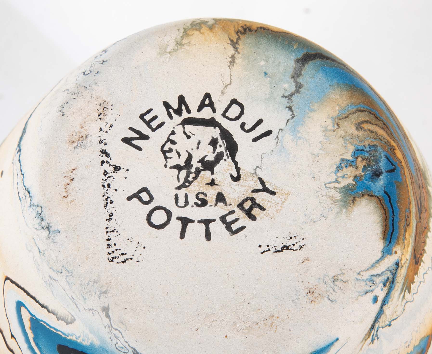 Nemadji Pottery Jar in Beige with Ochre and Blue Swirls