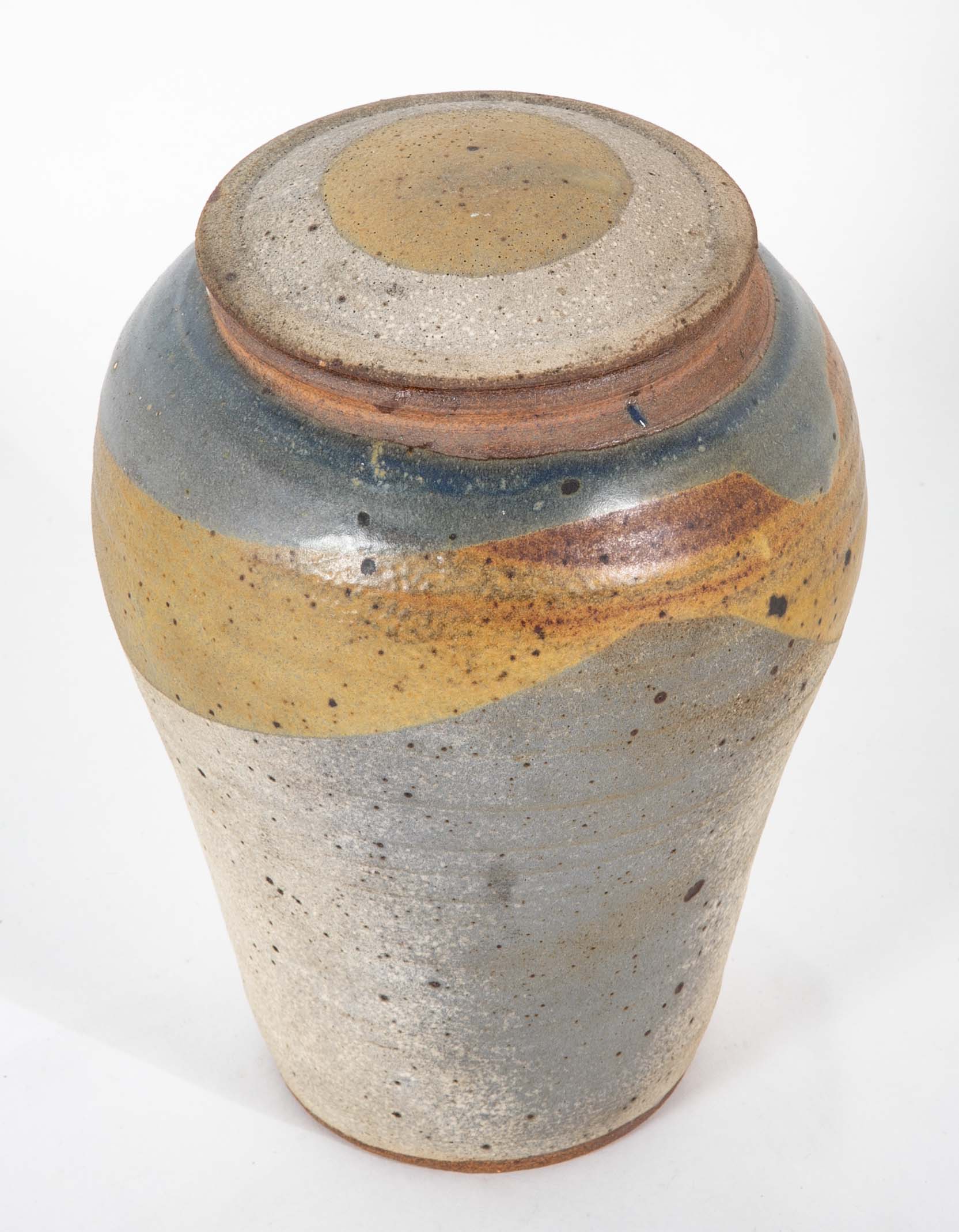 Shigaraki Style Bulbous Brown and Blue Glazed Stoneware Jar with Cover