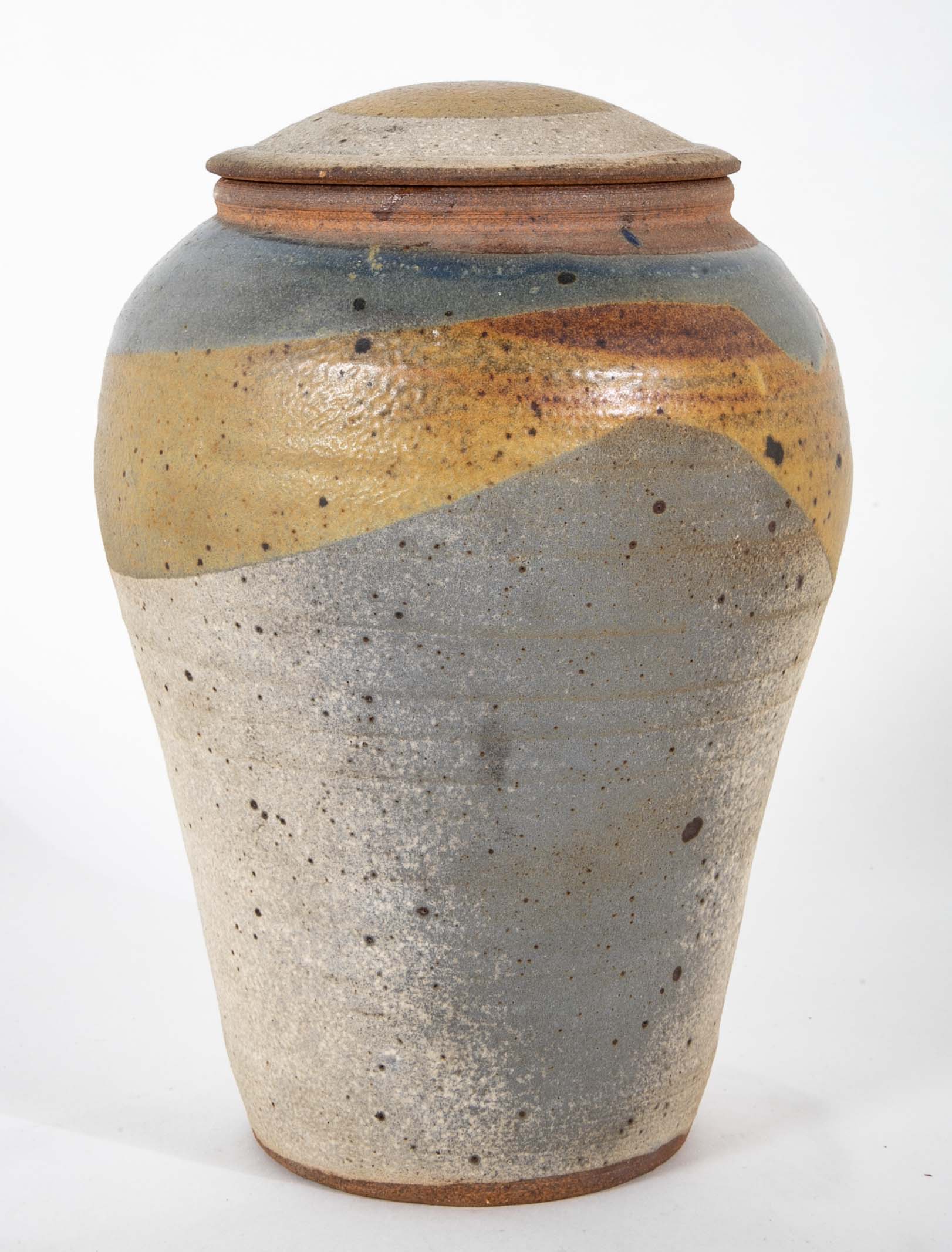 Shigaraki Style Bulbous Brown and Blue Glazed Stoneware Jar with Cover