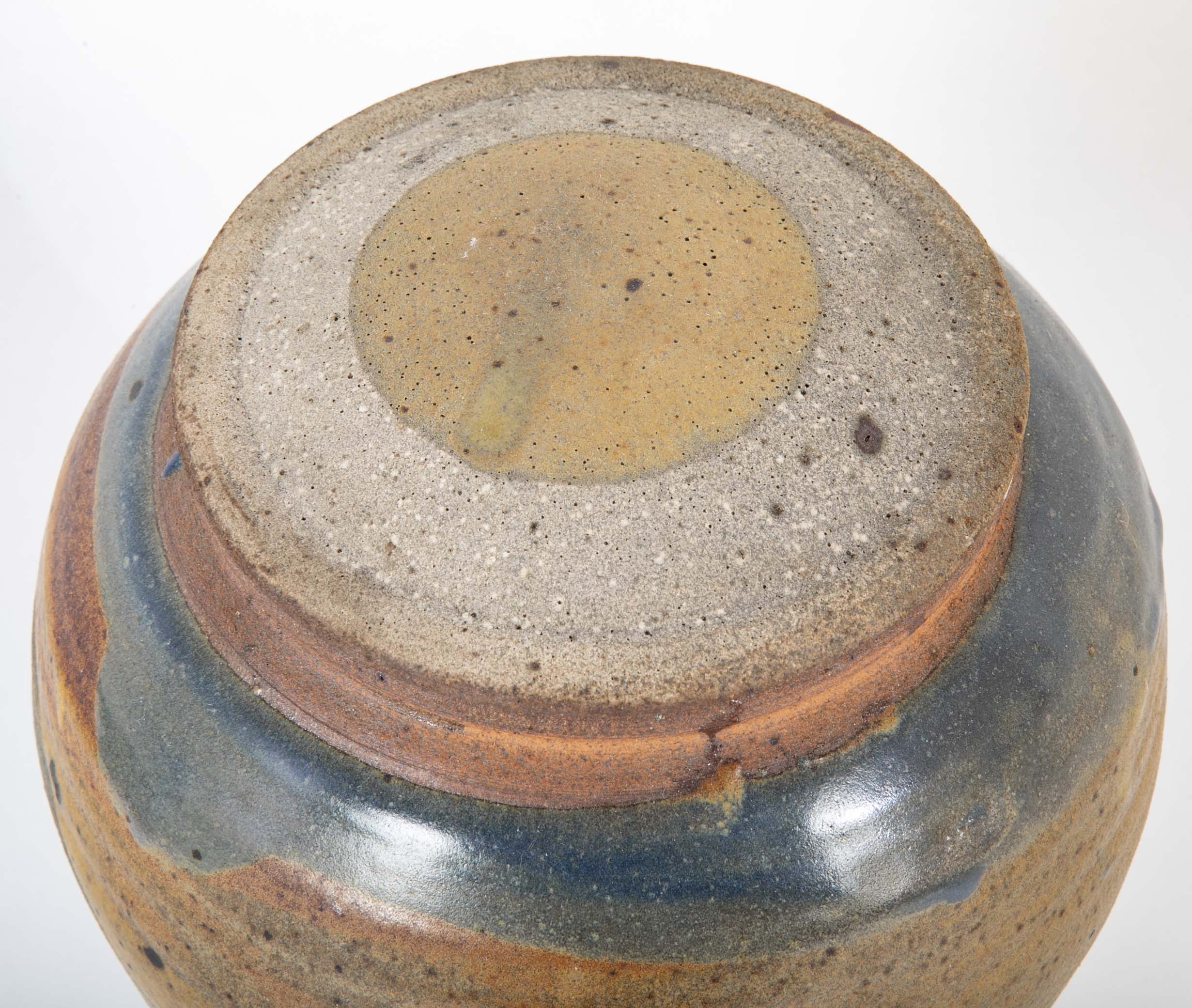 Shigaraki Style Bulbous Brown and Blue Glazed Stoneware Jar with Cover