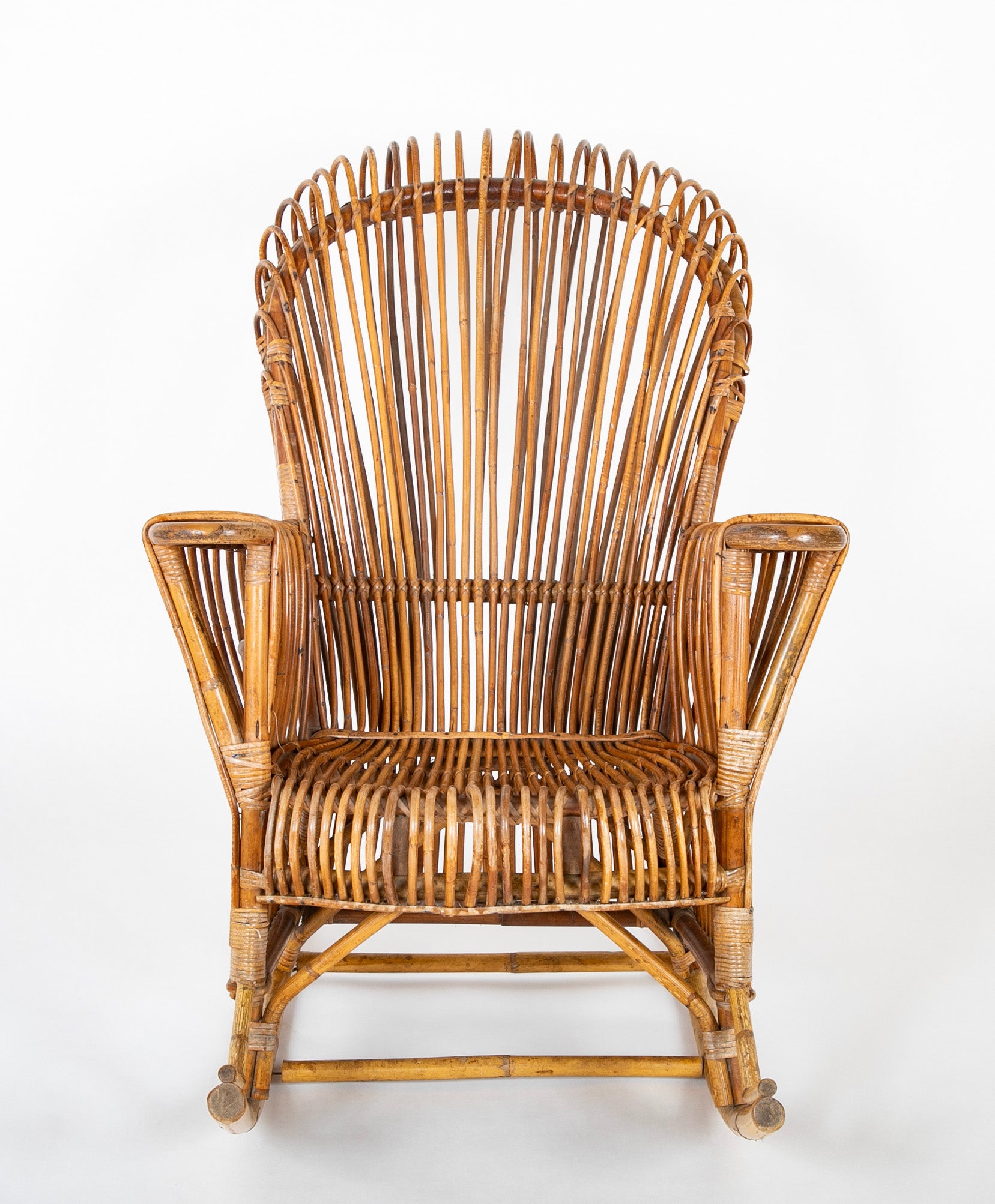 Capacious Italian Rattan Rocking Chair Attributed to Franco Albini