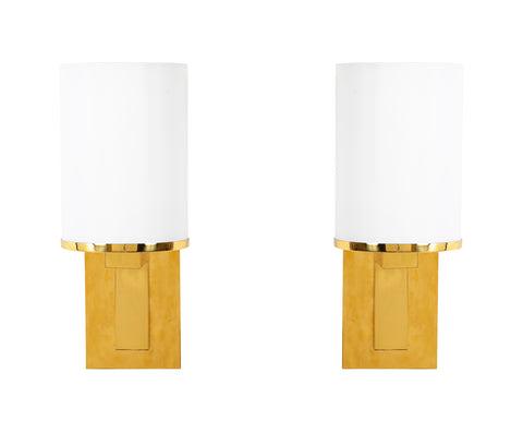 Pair of Brass & Opaline Glass Sconces by Jean Perzel