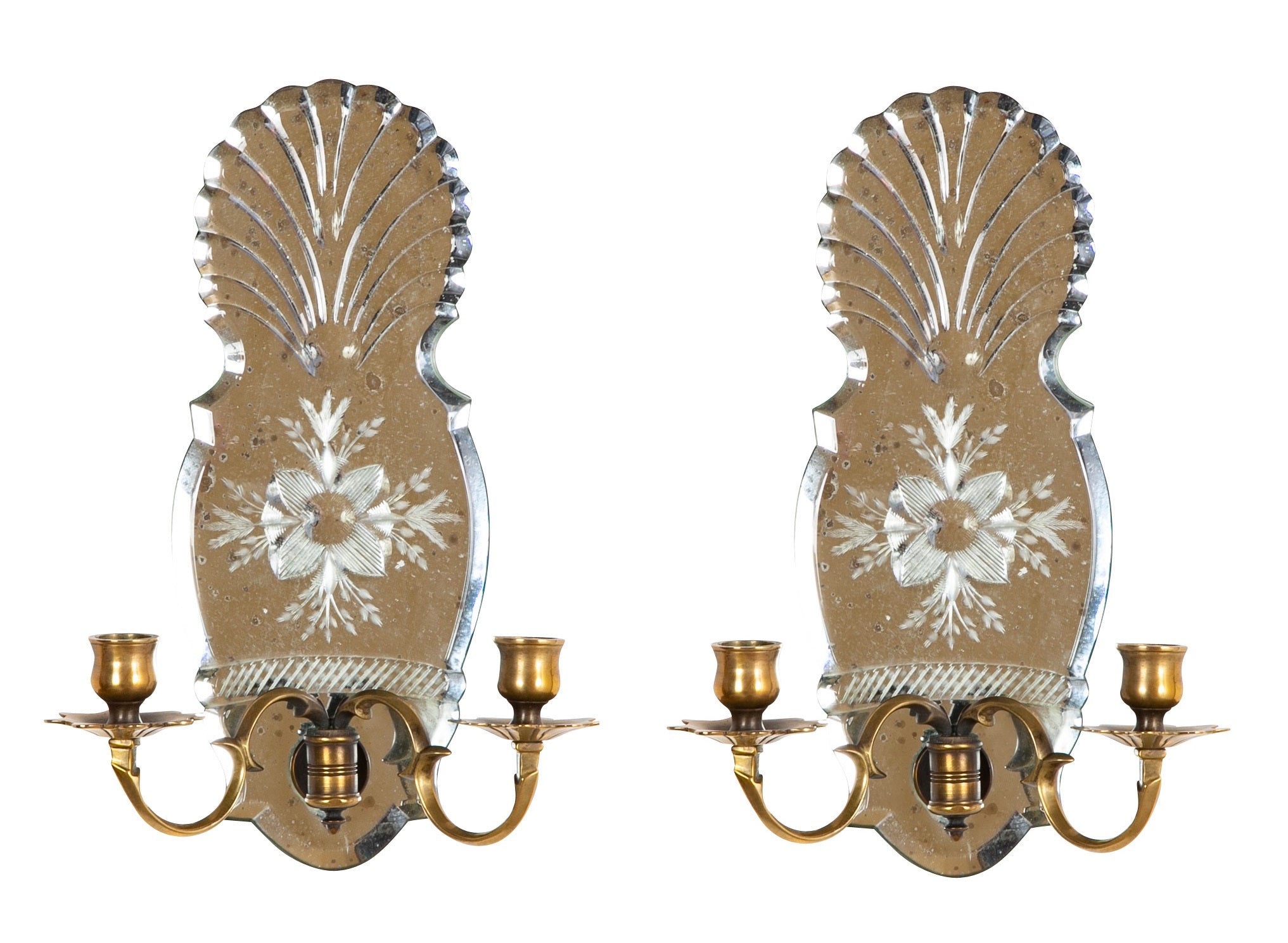 Set of Four Etched Glass Mirror Back Sconces