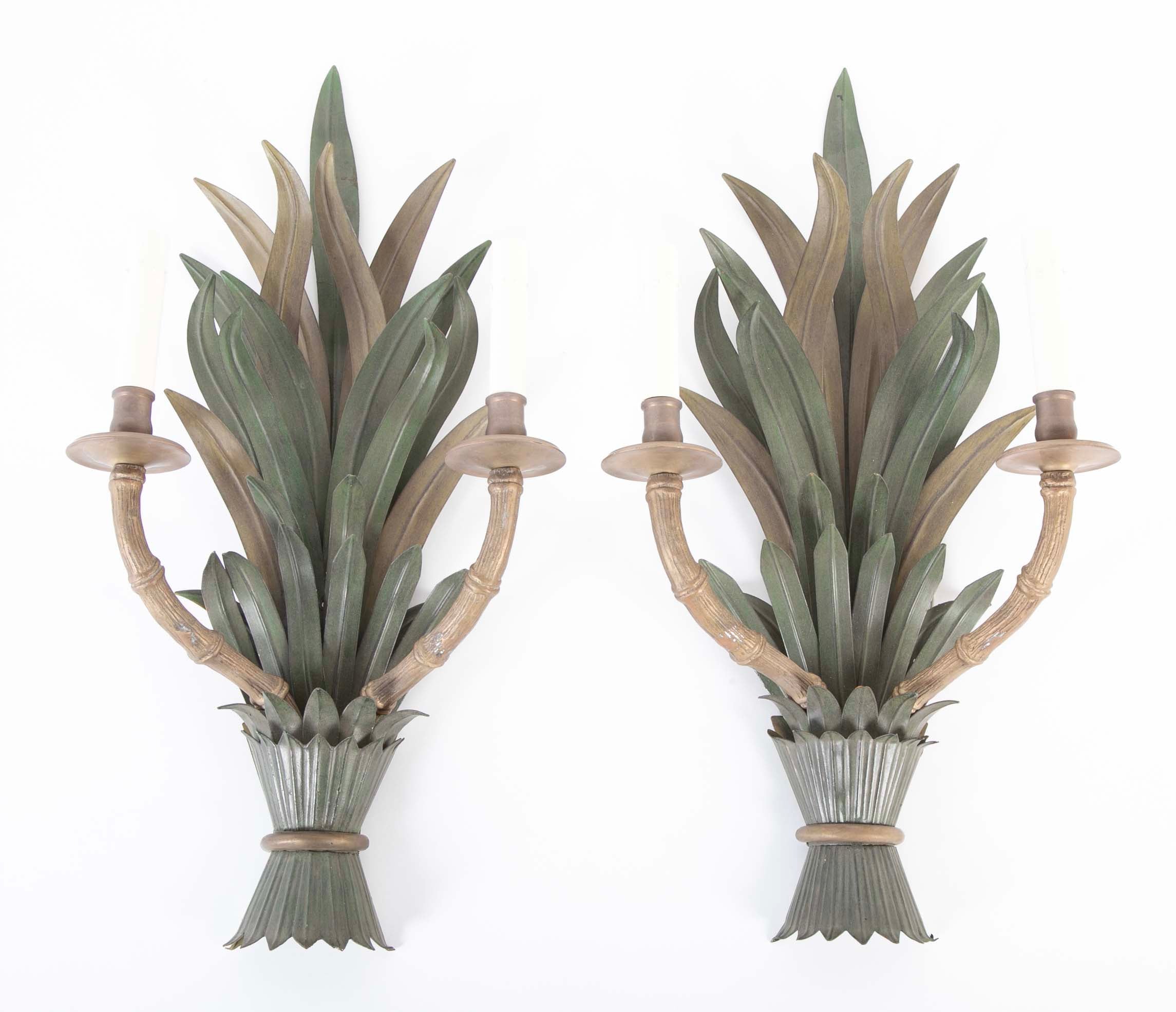 A Pair of Painted Tole and Brass Faux Bamboo Form Wall Sconces