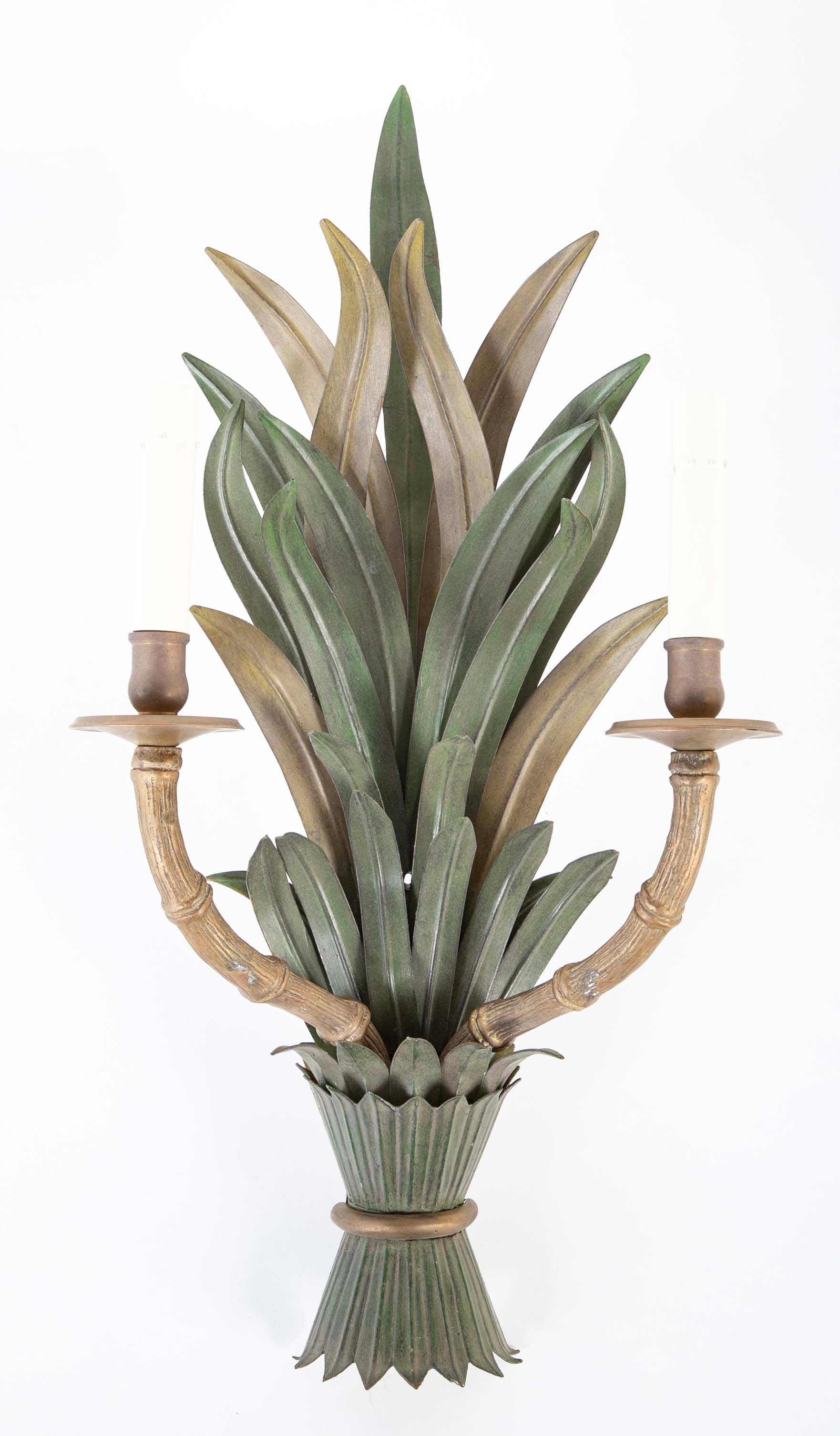 A Pair of Painted Tole and Brass Faux Bamboo Form Wall Sconces