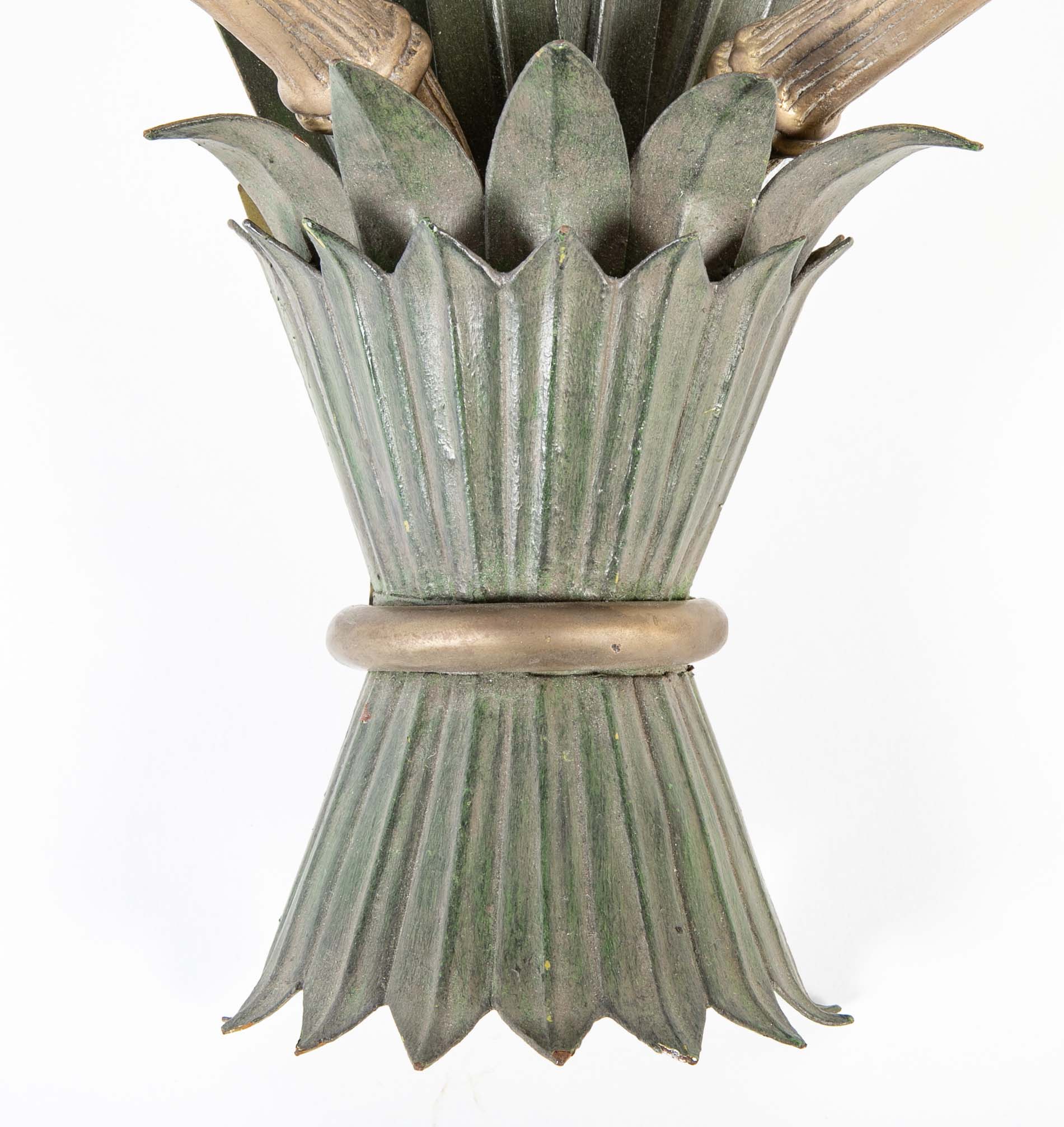 A Pair of Painted Tole and Brass Faux Bamboo Form Wall Sconces