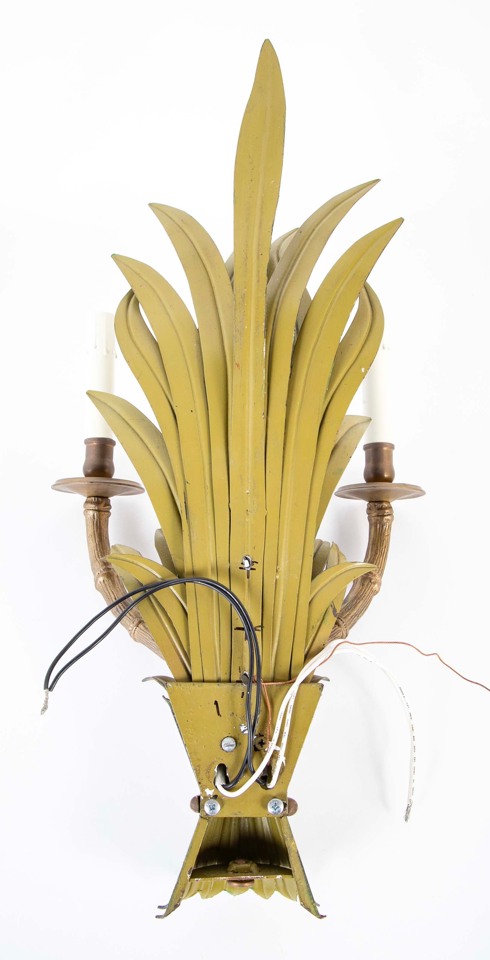 A Pair of Painted Tole and Brass Faux Bamboo Form Wall Sconces