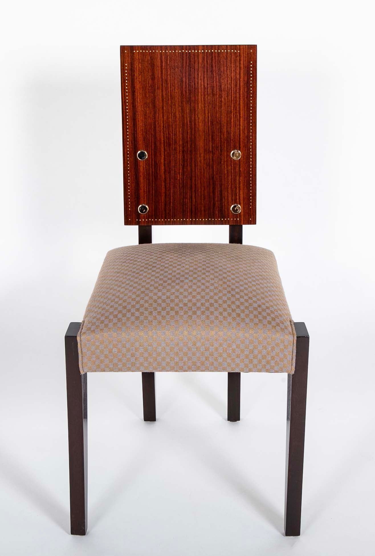 Set of 10 Mahogany Dining Chairs with Brass Medallions by Andre Sornay