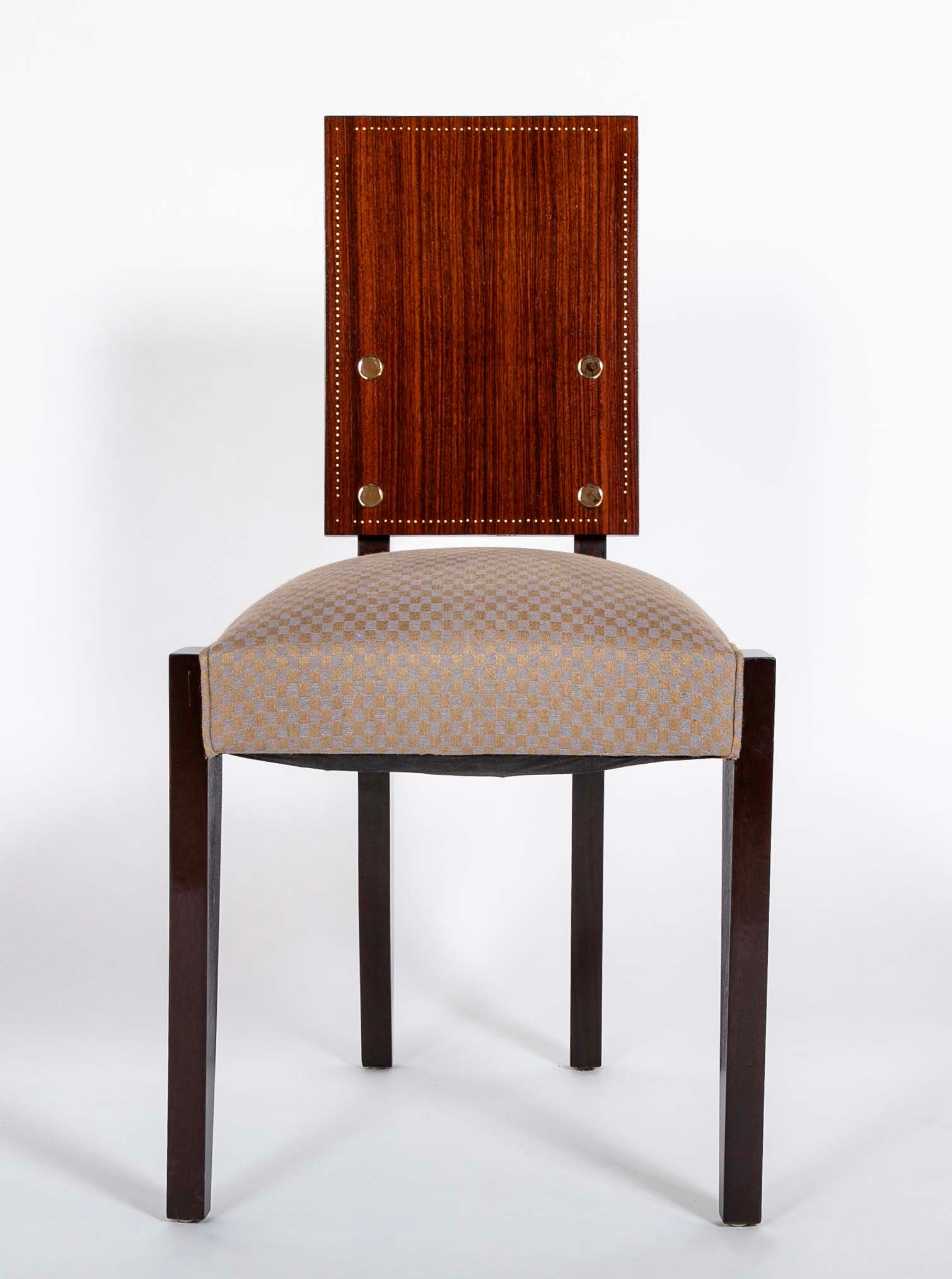 Set of 10 Mahogany Dining Chairs with Brass Medallions by Andre Sornay