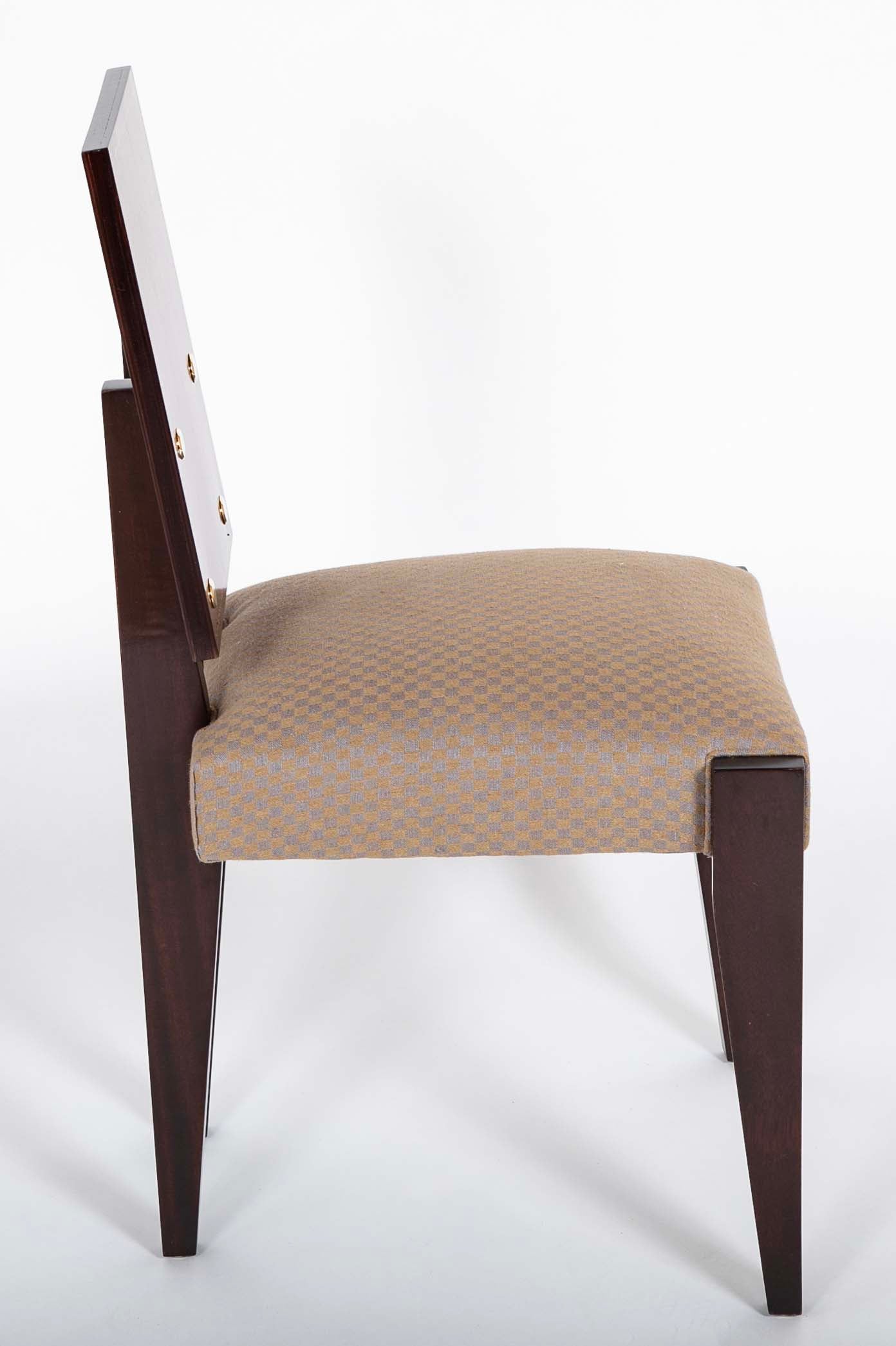 Set of 10 Mahogany Dining Chairs with Brass Medallions by Andre Sornay