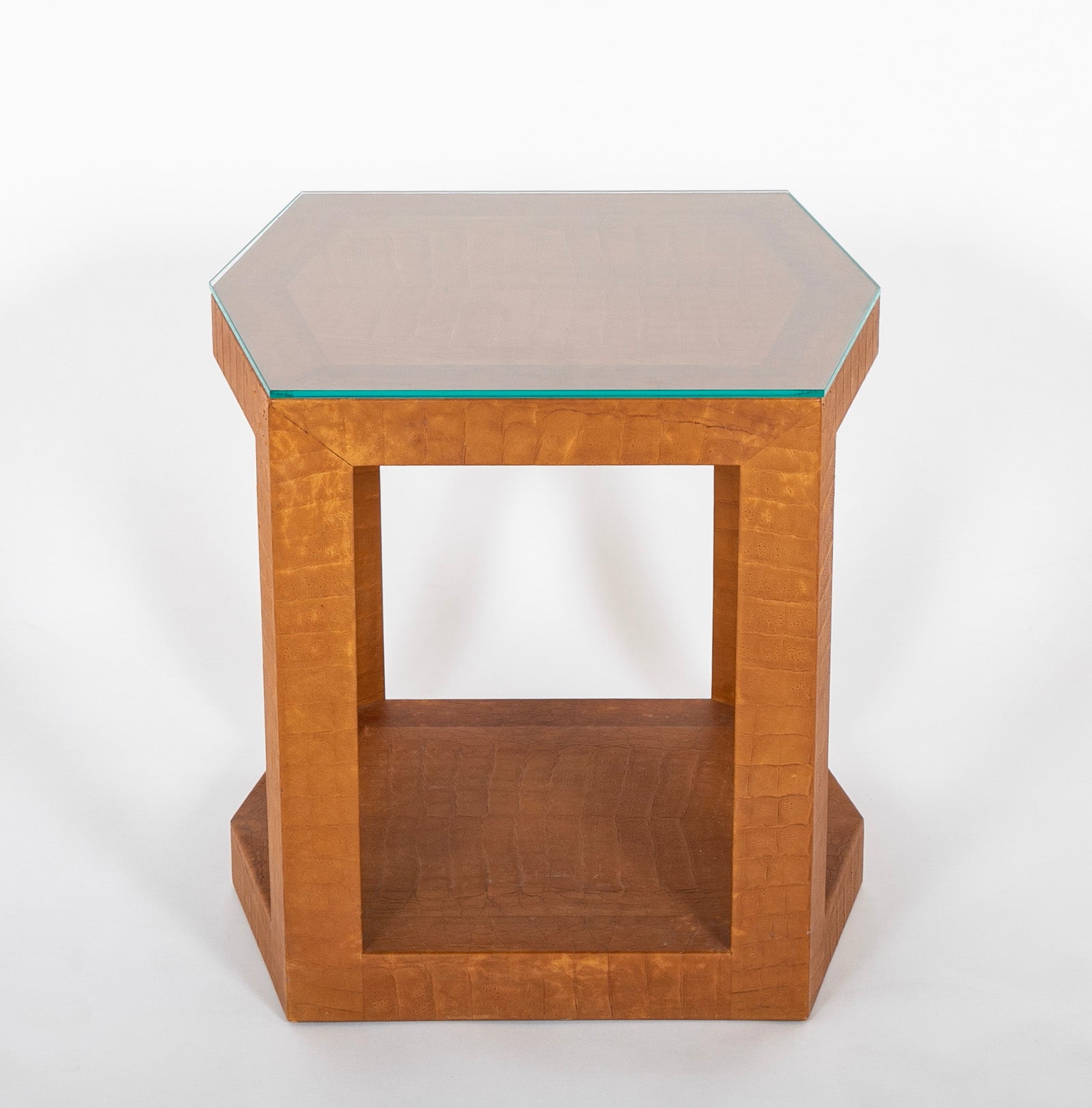 Karl Springer Hexagonal Table with Embossed Leather & Glass Top