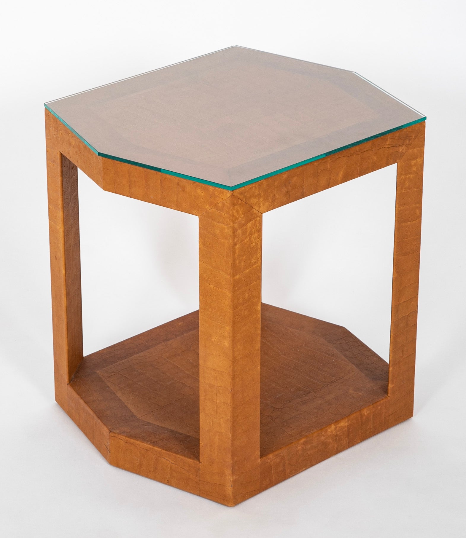 Karl Springer Hexagonal Table with Embossed Leather & Glass Top