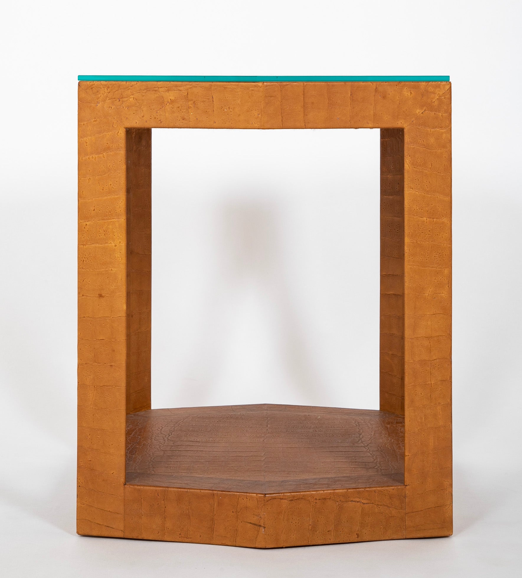 Karl Springer Hexagonal Table with Embossed Leather & Glass Top