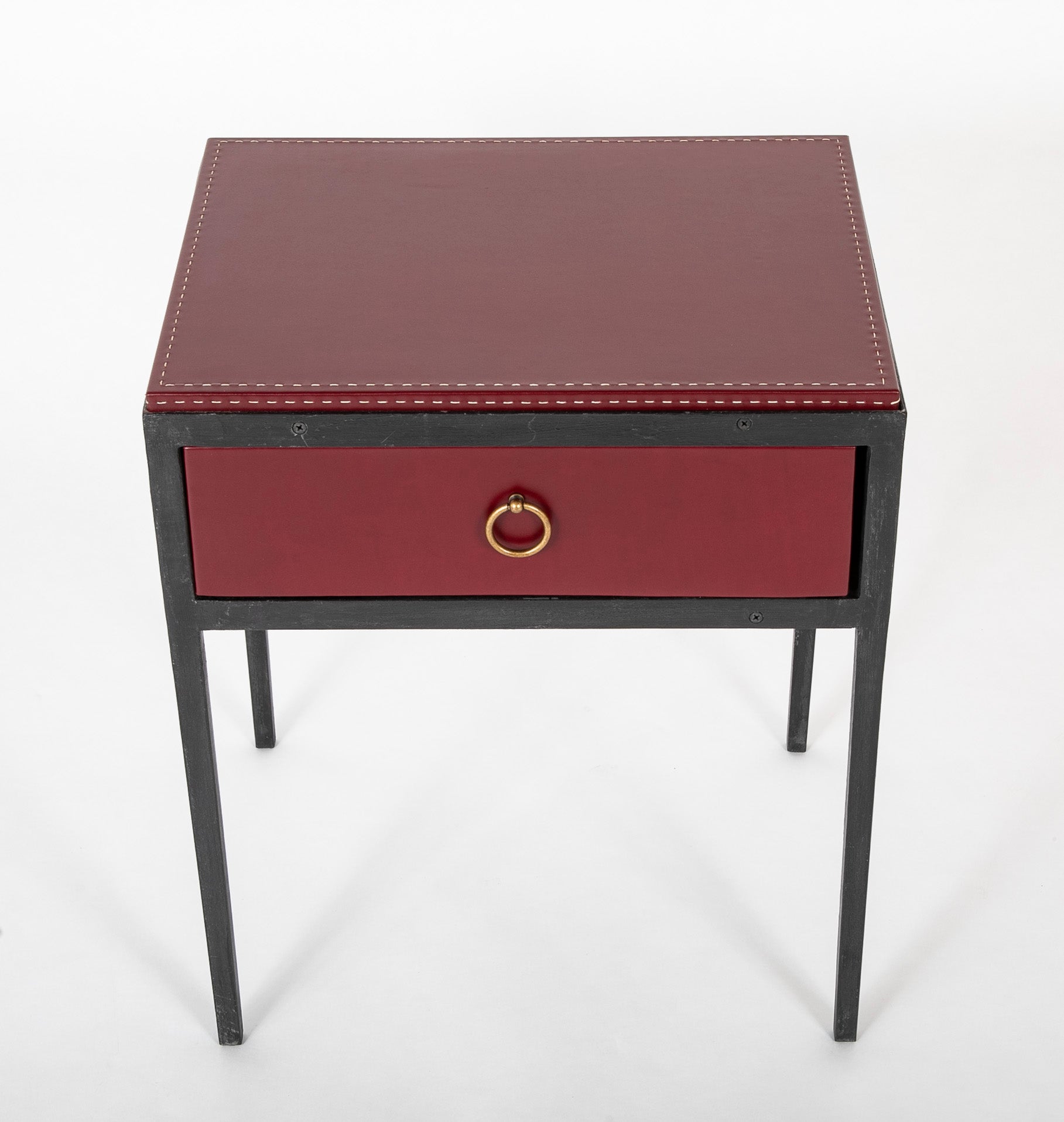Pair of Red Leather & Wrought Iron Tables After Model of Jean-Michel Frank