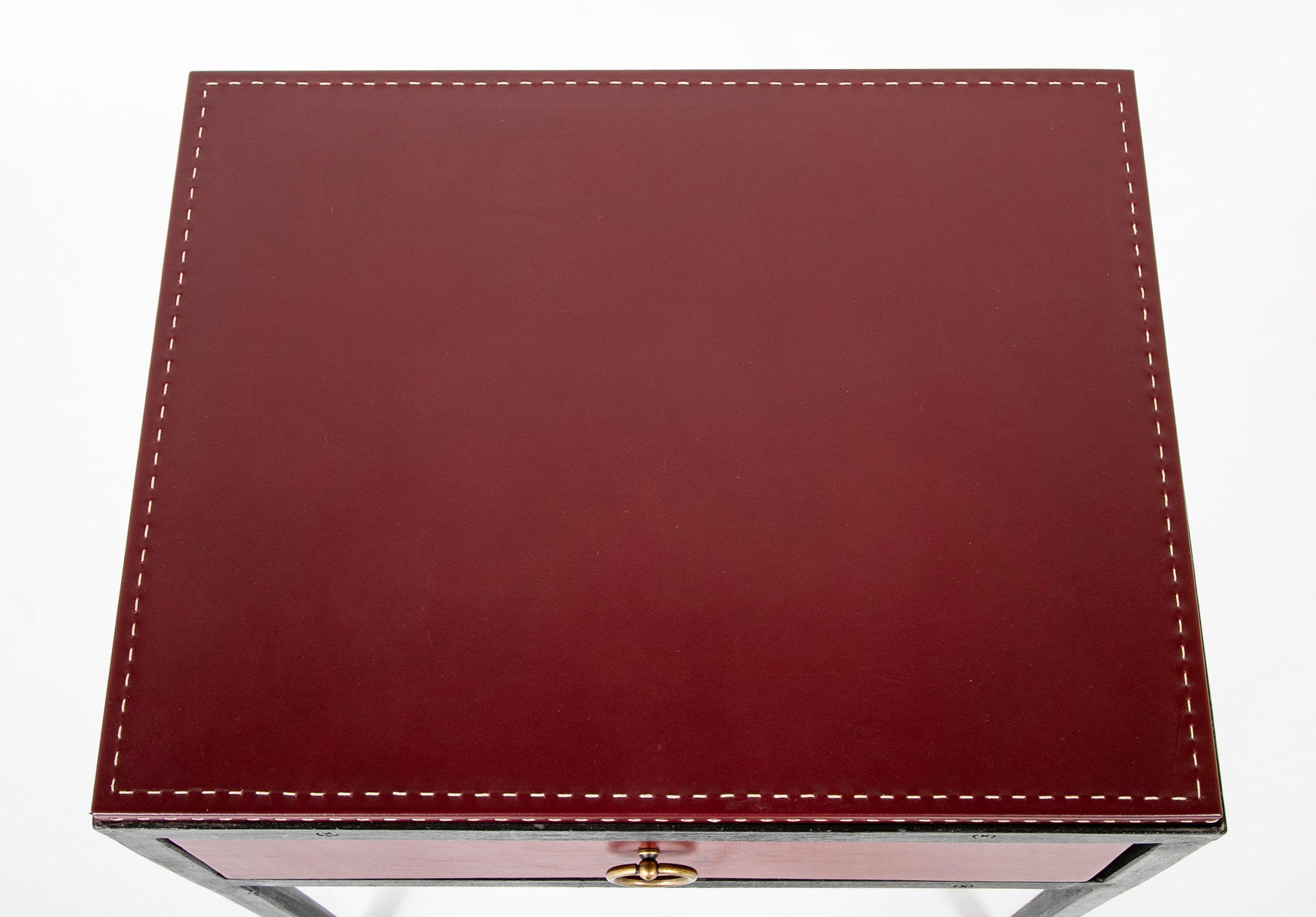 Pair of Red Leather & Wrought Iron Tables After Model of Jean-Michel Frank
