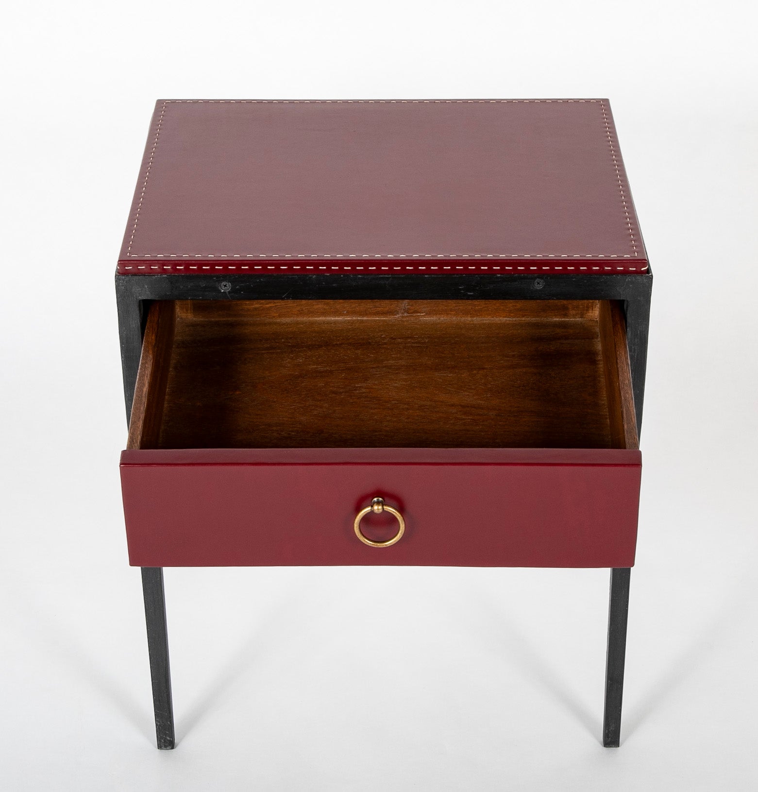 Pair of Red Leather & Wrought Iron Tables After Model of Jean-Michel Frank