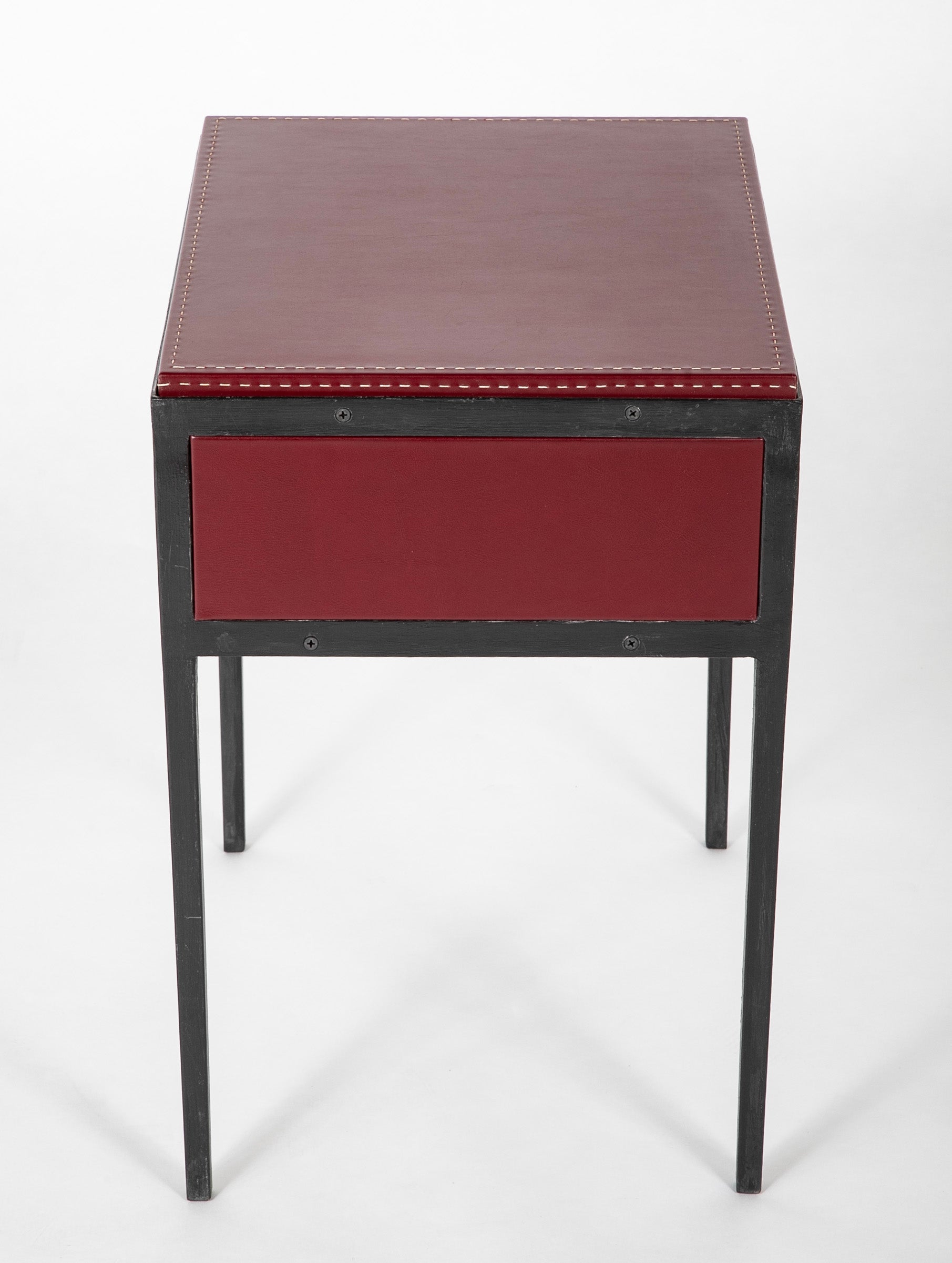 Pair of Red Leather & Wrought Iron Tables After Model of Jean-Michel Frank