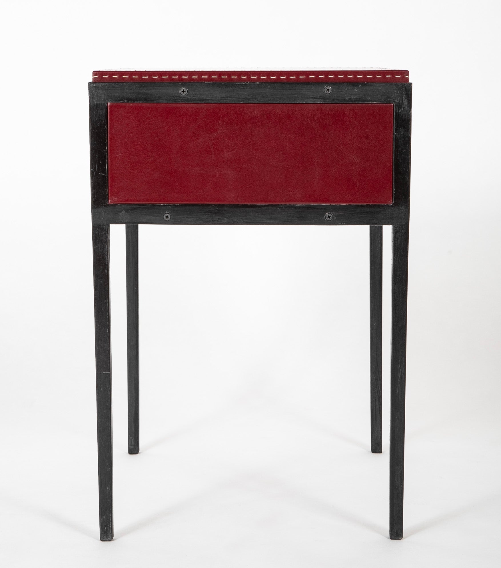 Pair of Red Leather & Wrought Iron Tables After Model of Jean-Michel Frank