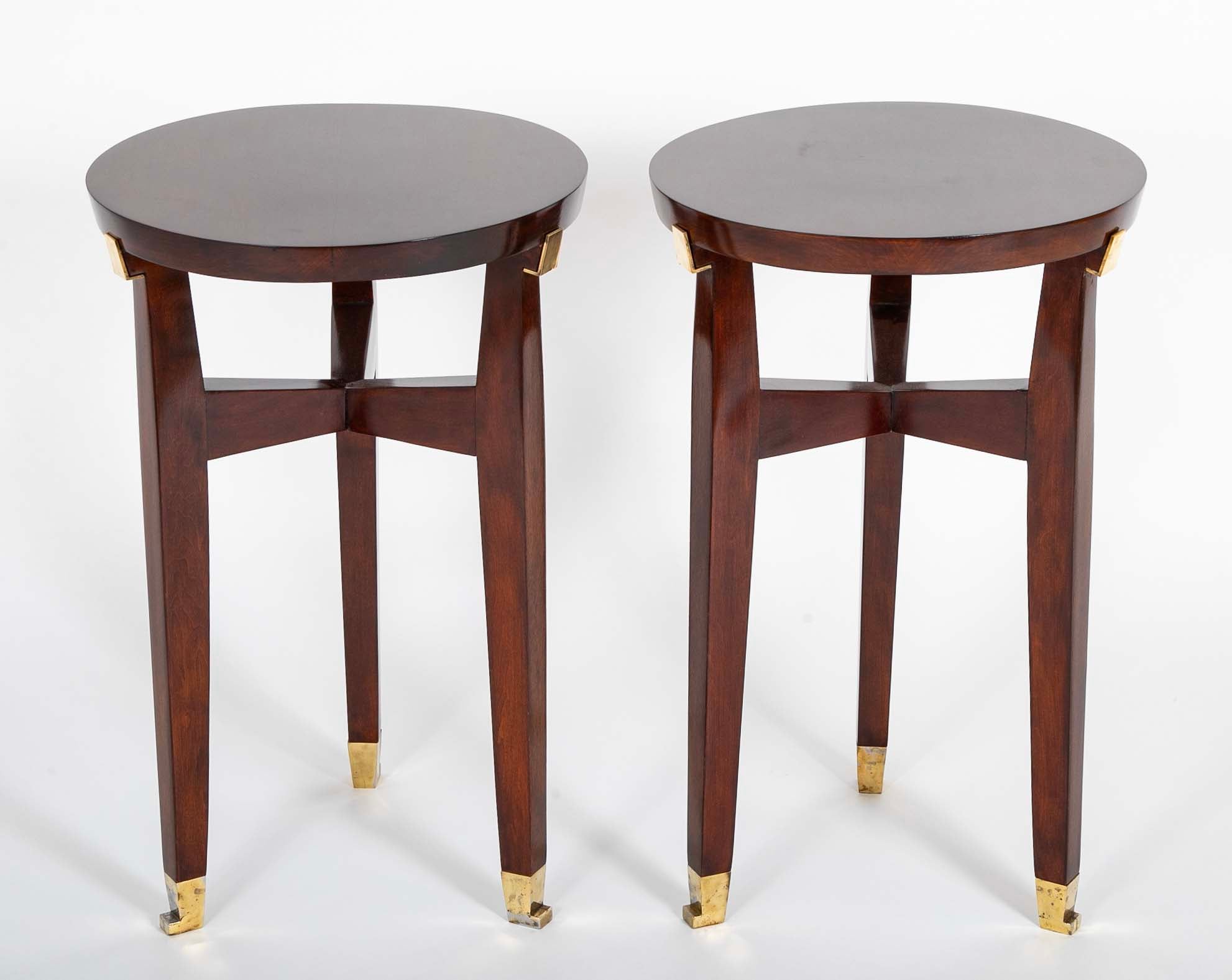 Pair of Round Mahogany Side Tables Attributed to Jacques Quinet