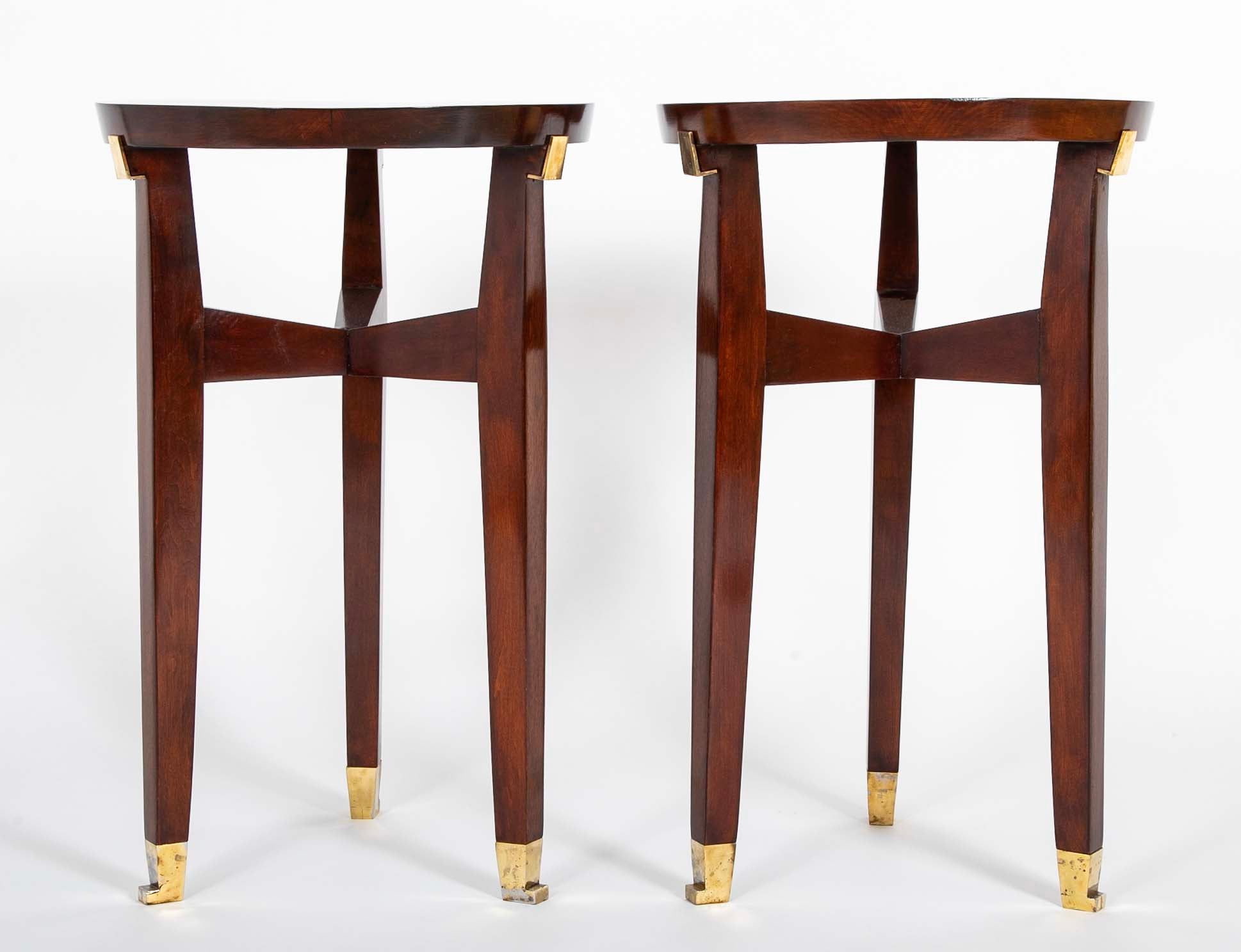 Pair of Round Mahogany Side Tables Attributed to Jacques Quinet
