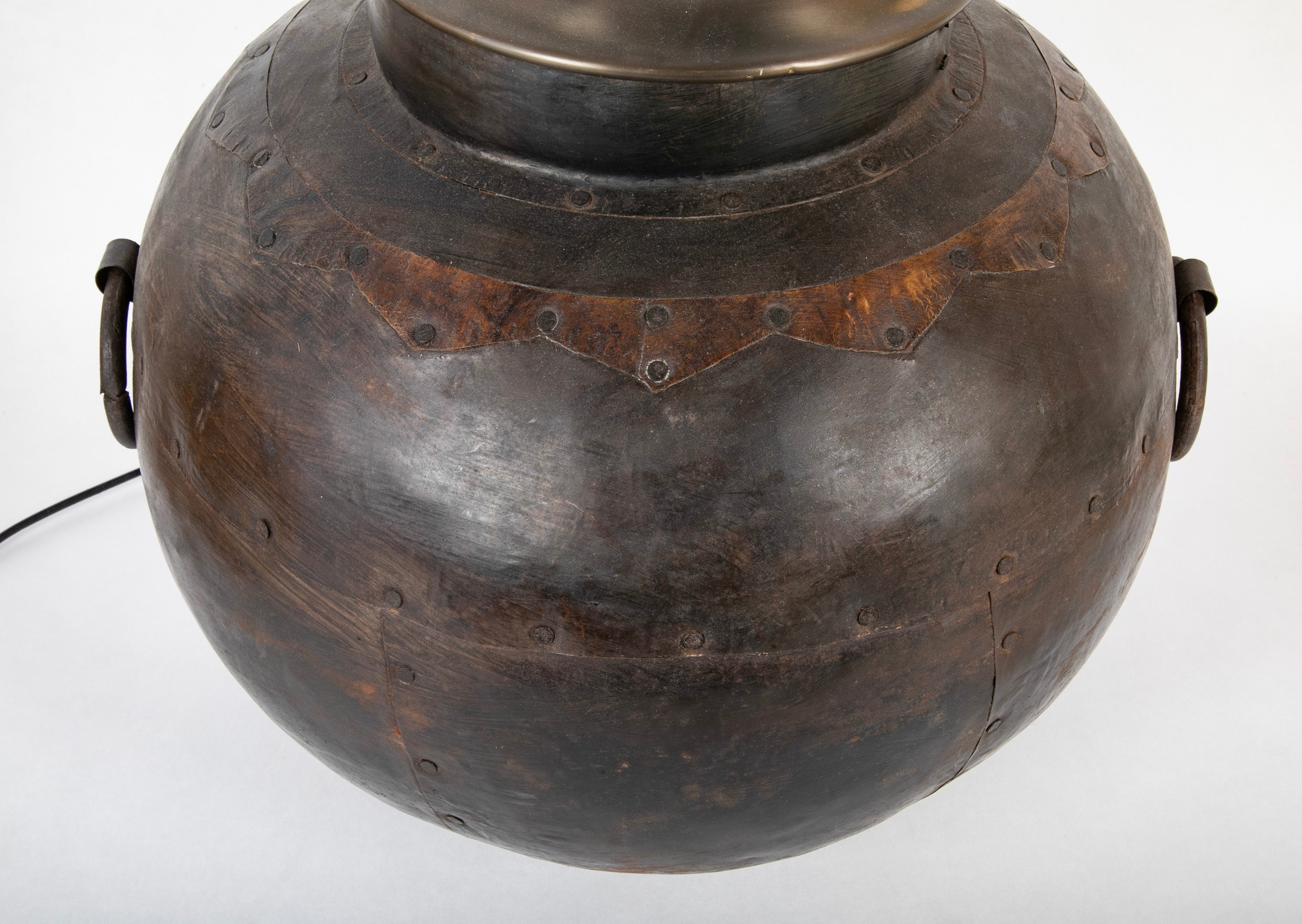 Large Round Metal Vessel with Two Ring Handles Now a Lamp