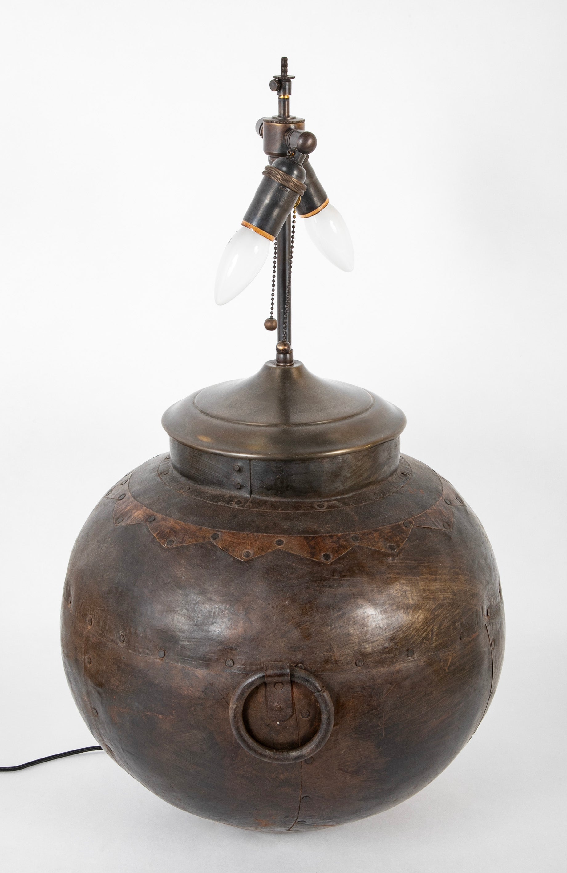 Large Round Metal Vessel with Two Ring Handles Now a Lamp