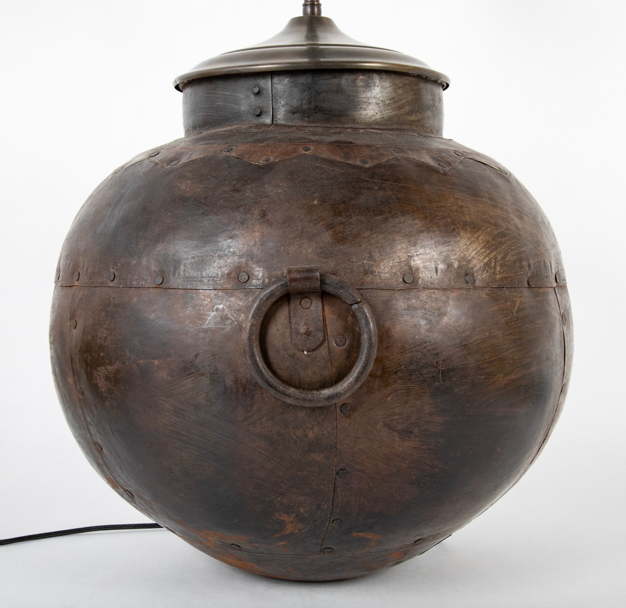 Large Round Metal Vessel with Two Ring Handles Now a Lamp