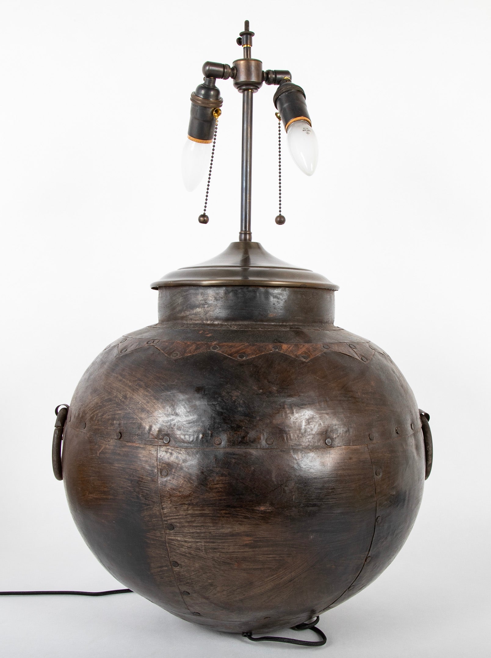 Large Round Metal Vessel with Two Ring Handles Now a Lamp