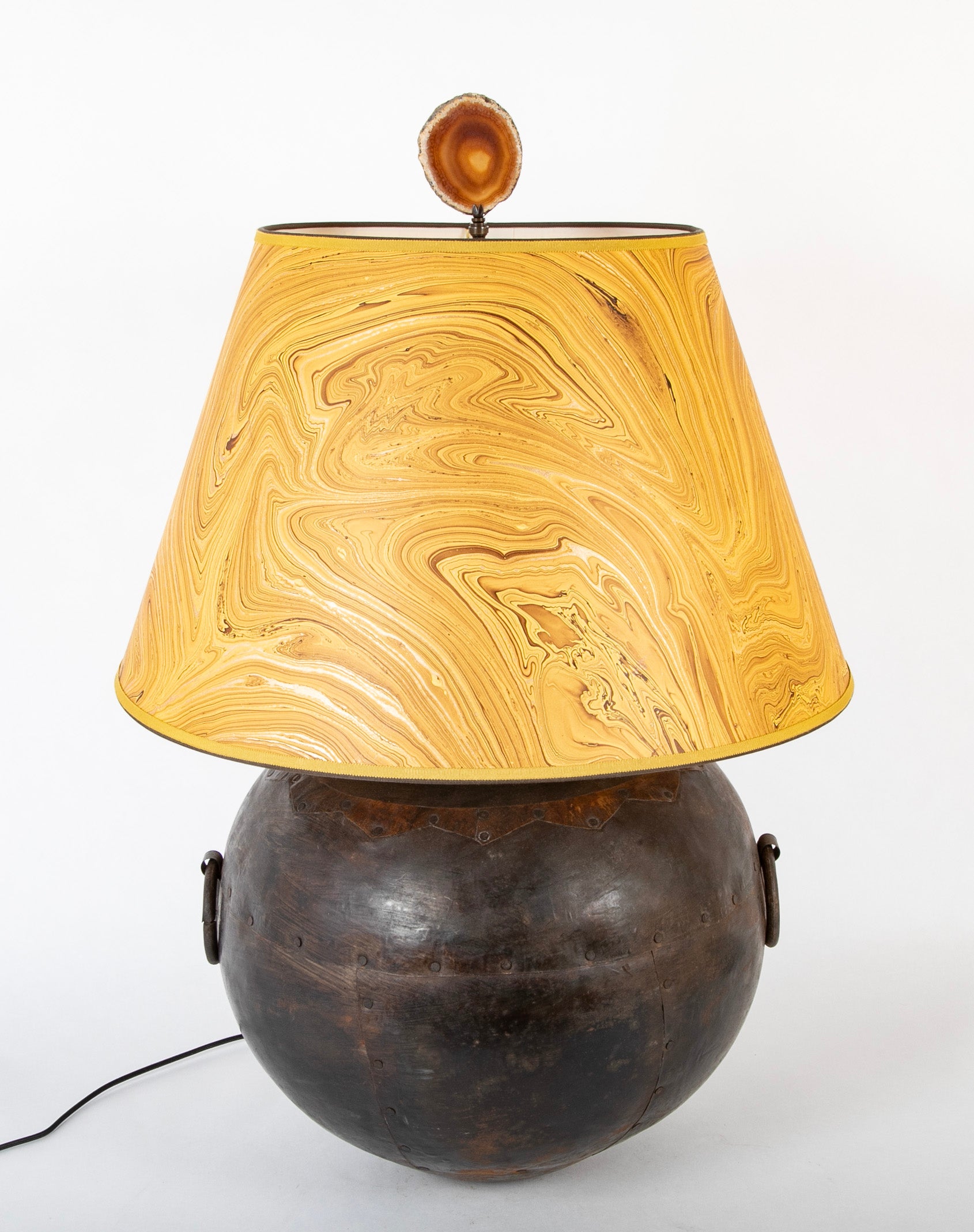 Large Round Metal Vessel with Two Ring Handles Now a Lamp