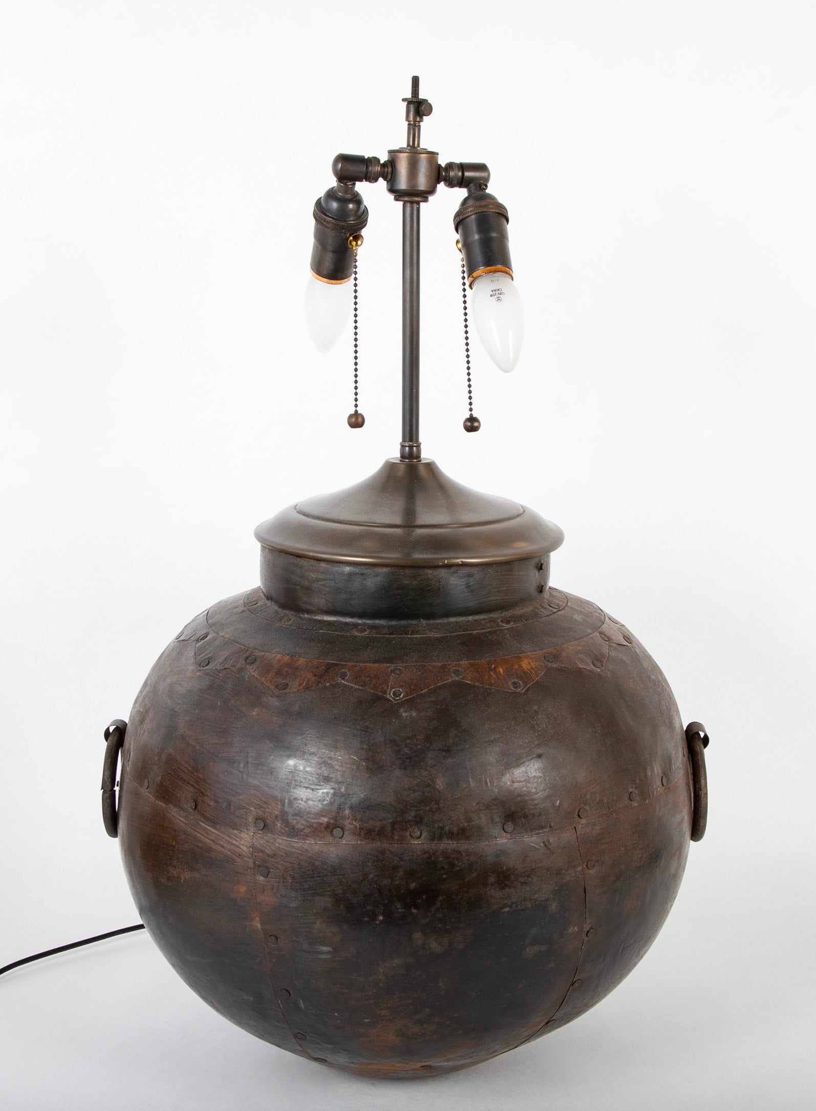 Large Round Metal Vessel with Two Ring Handles Now a Lamp