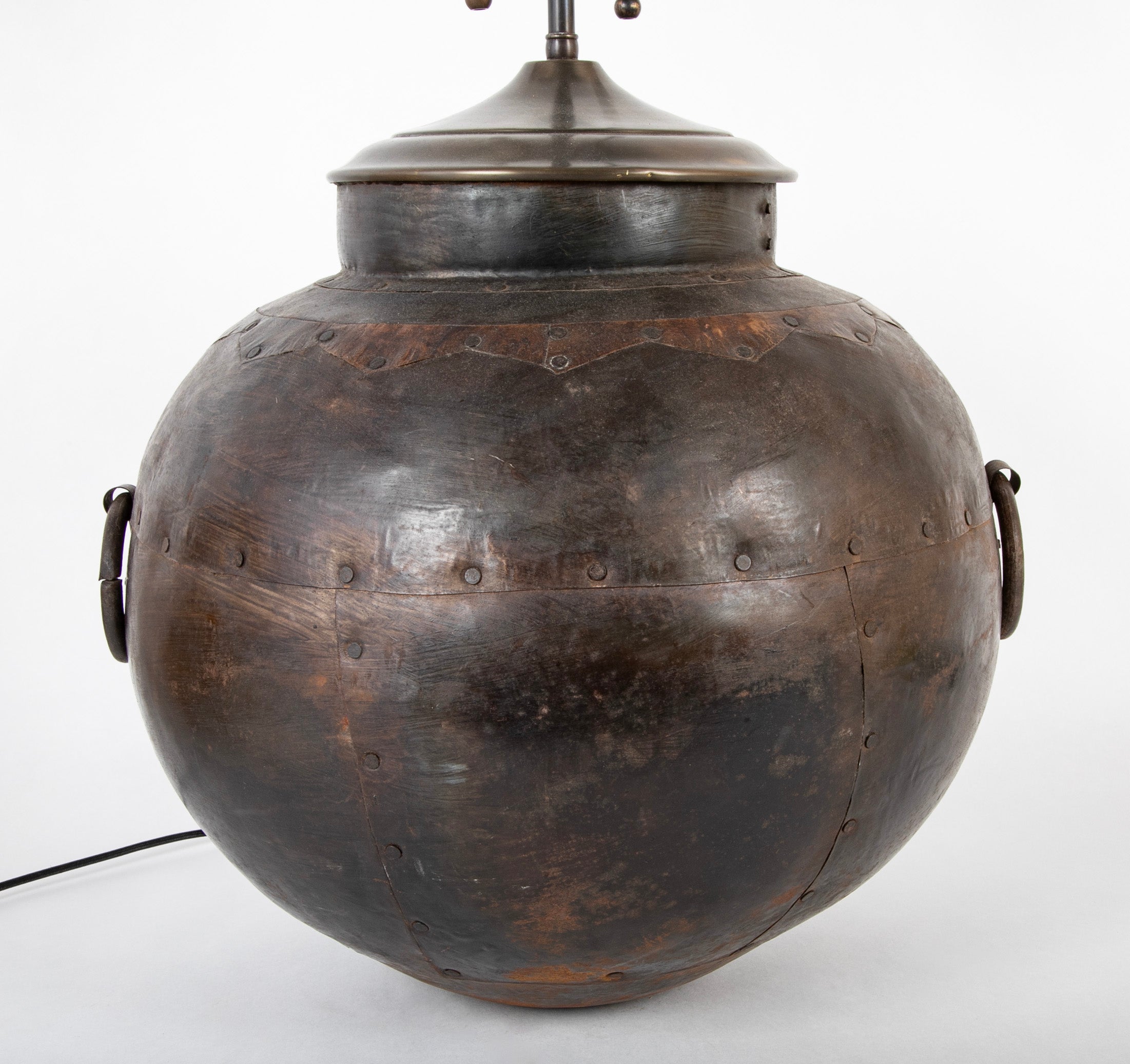 Large Round Metal Vessel with Two Ring Handles Now a Lamp