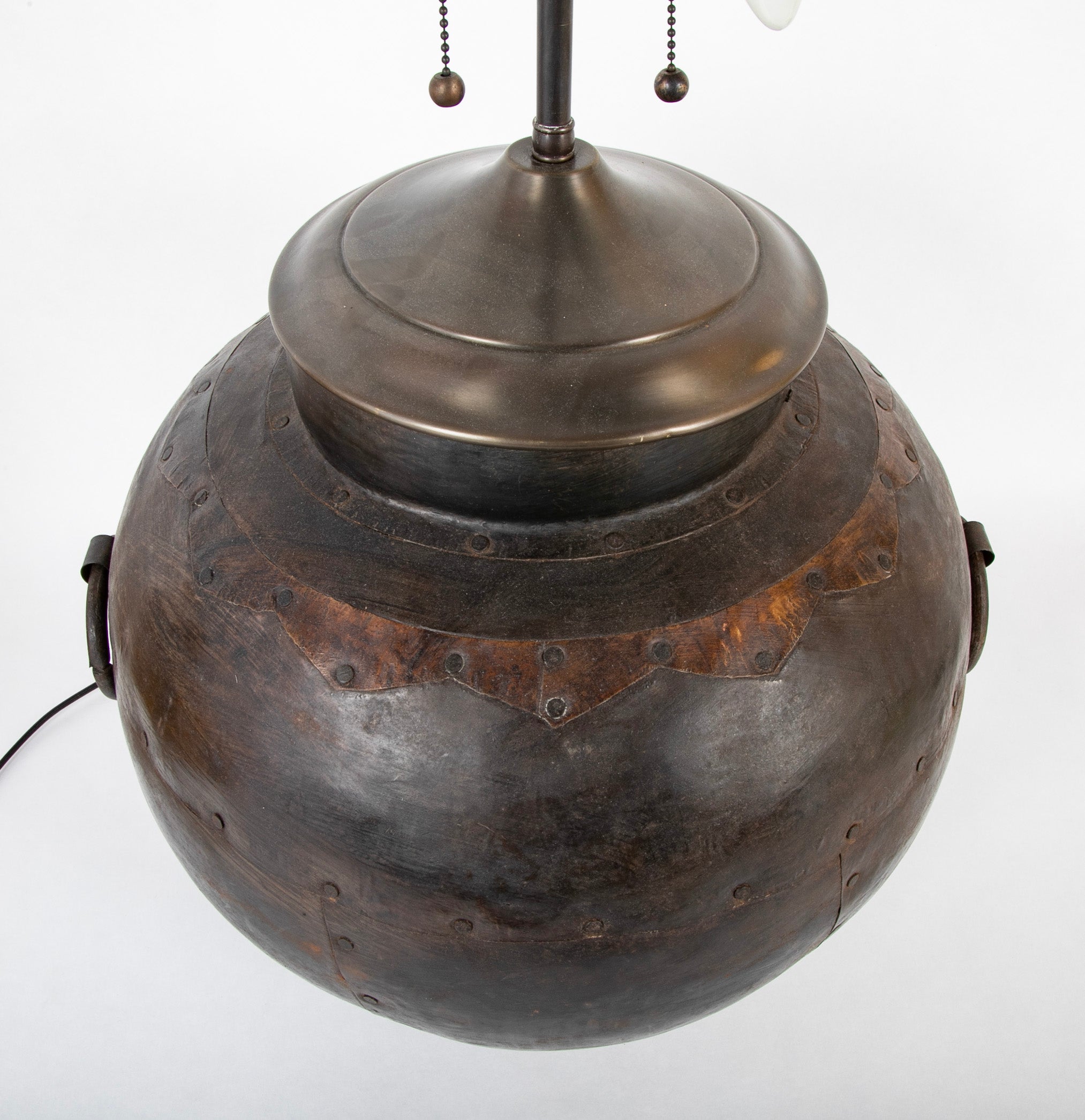 Large Round Metal Vessel with Two Ring Handles Now a Lamp