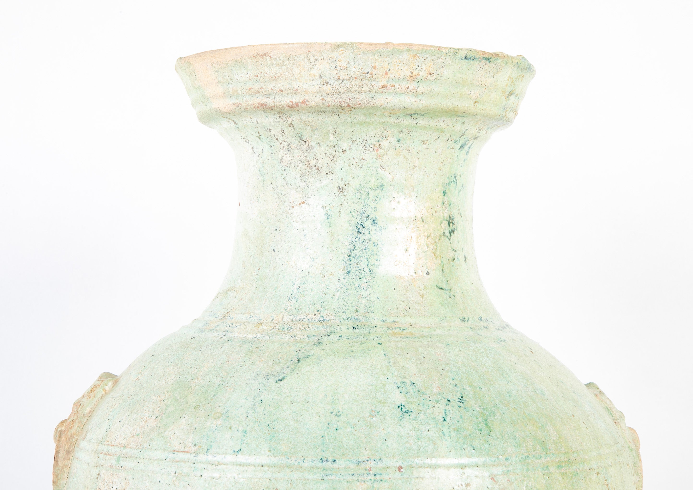Han Dynasty Pottery Jar with Green Glaze and Molded Masks as Applied Handles