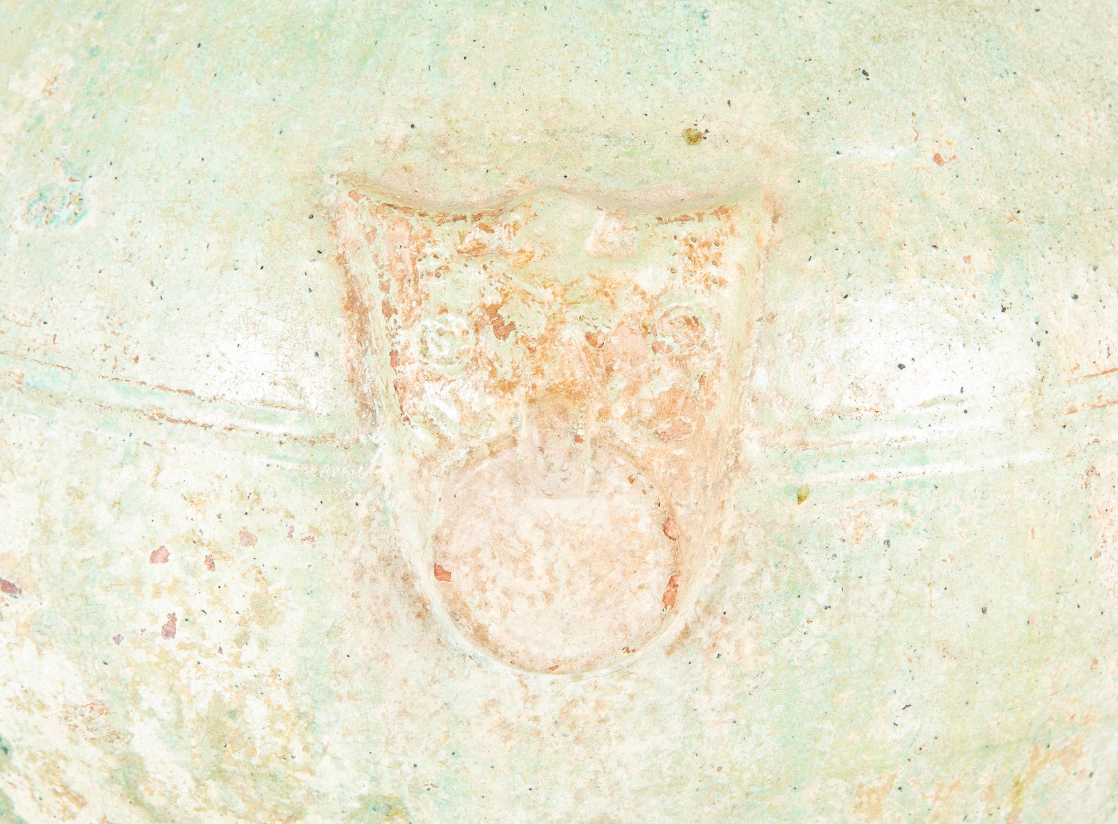 Han Dynasty Pottery Jar with Green Glaze and Molded Masks as Applied Handles