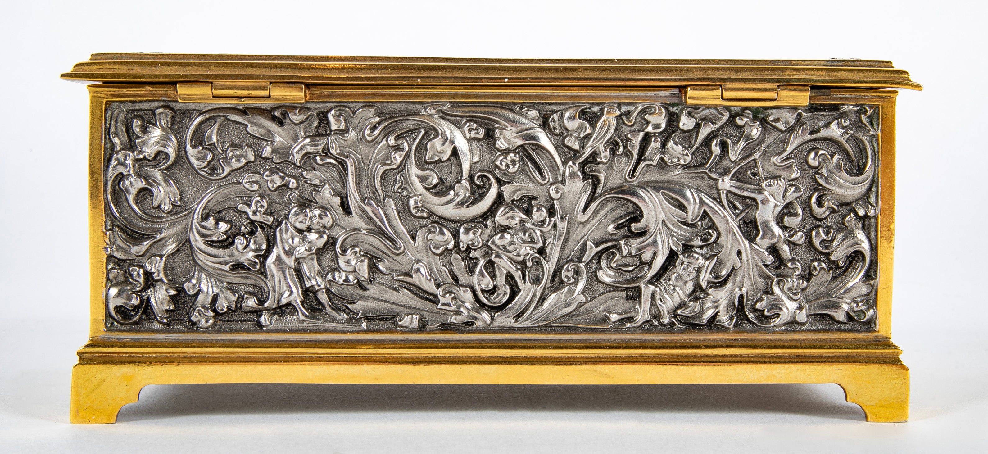 A German Steel & Brass Box with Hunting and Foliate Scenes