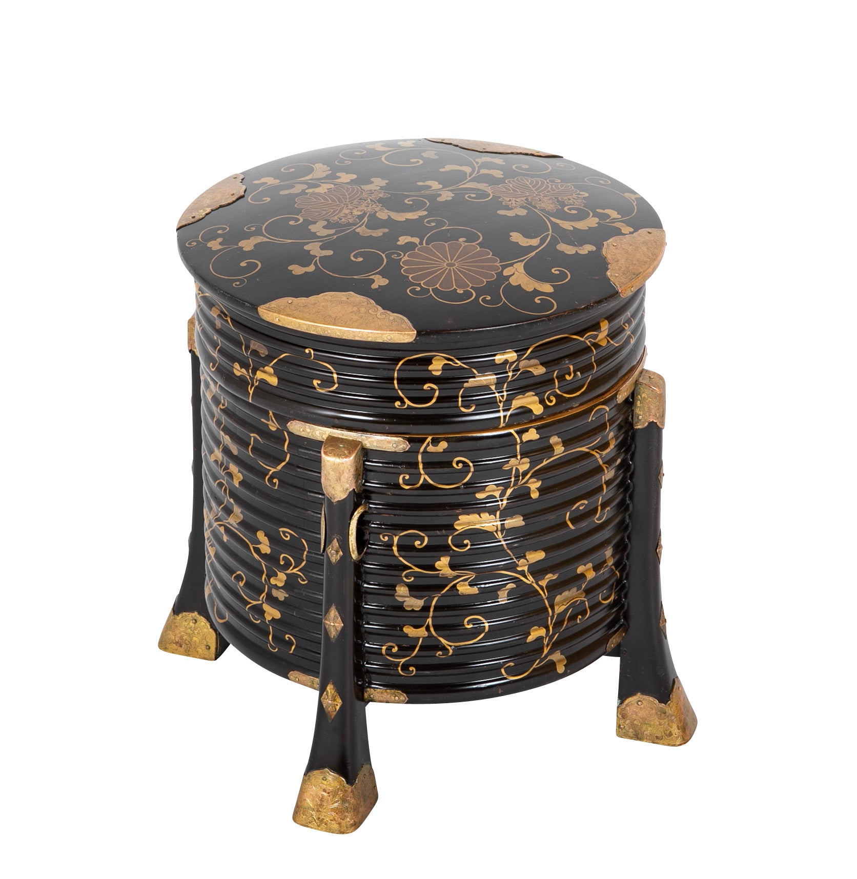 Japanese Four Legged Black Lacquer Container Having Gilt Scrolling Vine Decor